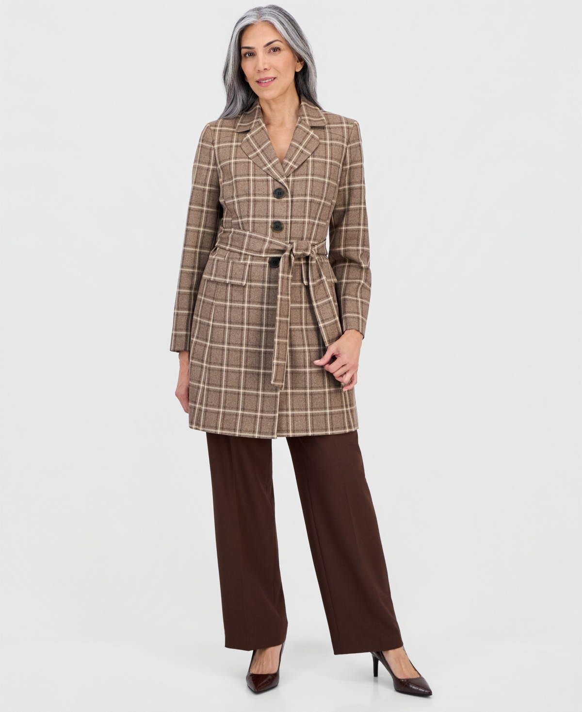 Le Suit Women’s Belted Mid-Rise 2 Piece Pantsuit – Brown Multi