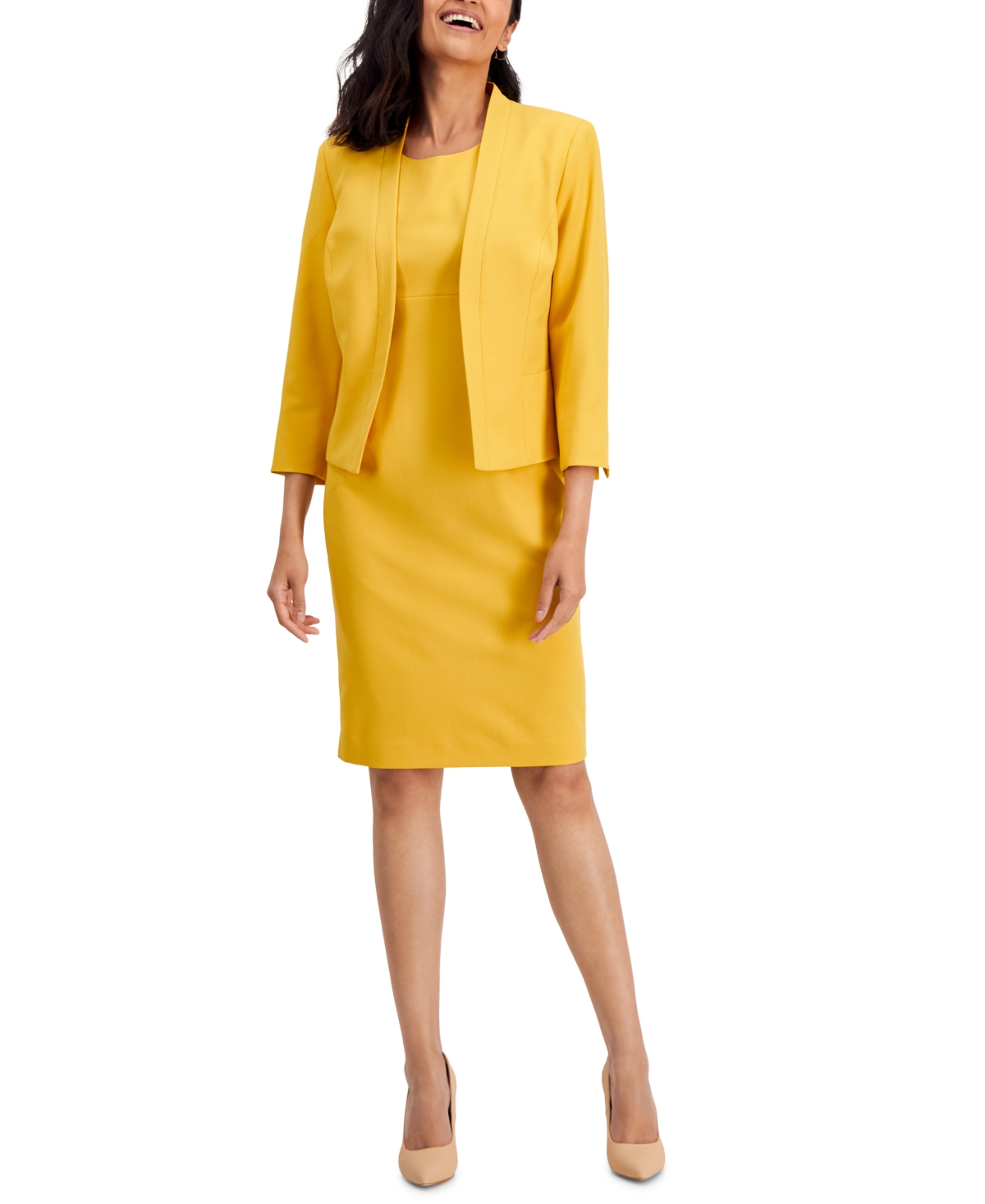 Le Suit Women’s Crepe Open Front Jacket & Crewneck Sheath Dress Suit Set, Regular & Petite – Golden Sunset Le Suit Women’s Crepe Open Front Jacket & Crewneck Sheath Dress Suit Set, Regular & Petite – Golden Sunset