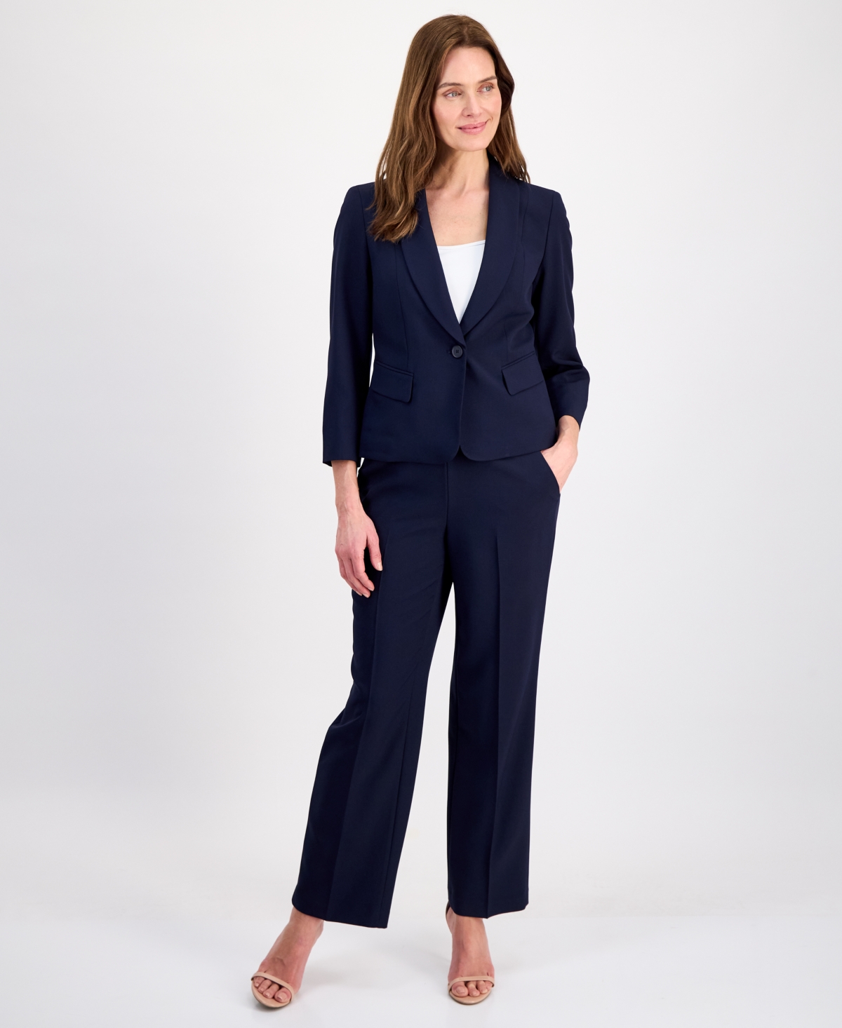 Le Suit Women’s One-Button 3/4-Sleeve 2 Piece Pantsuit – Midnight Navy