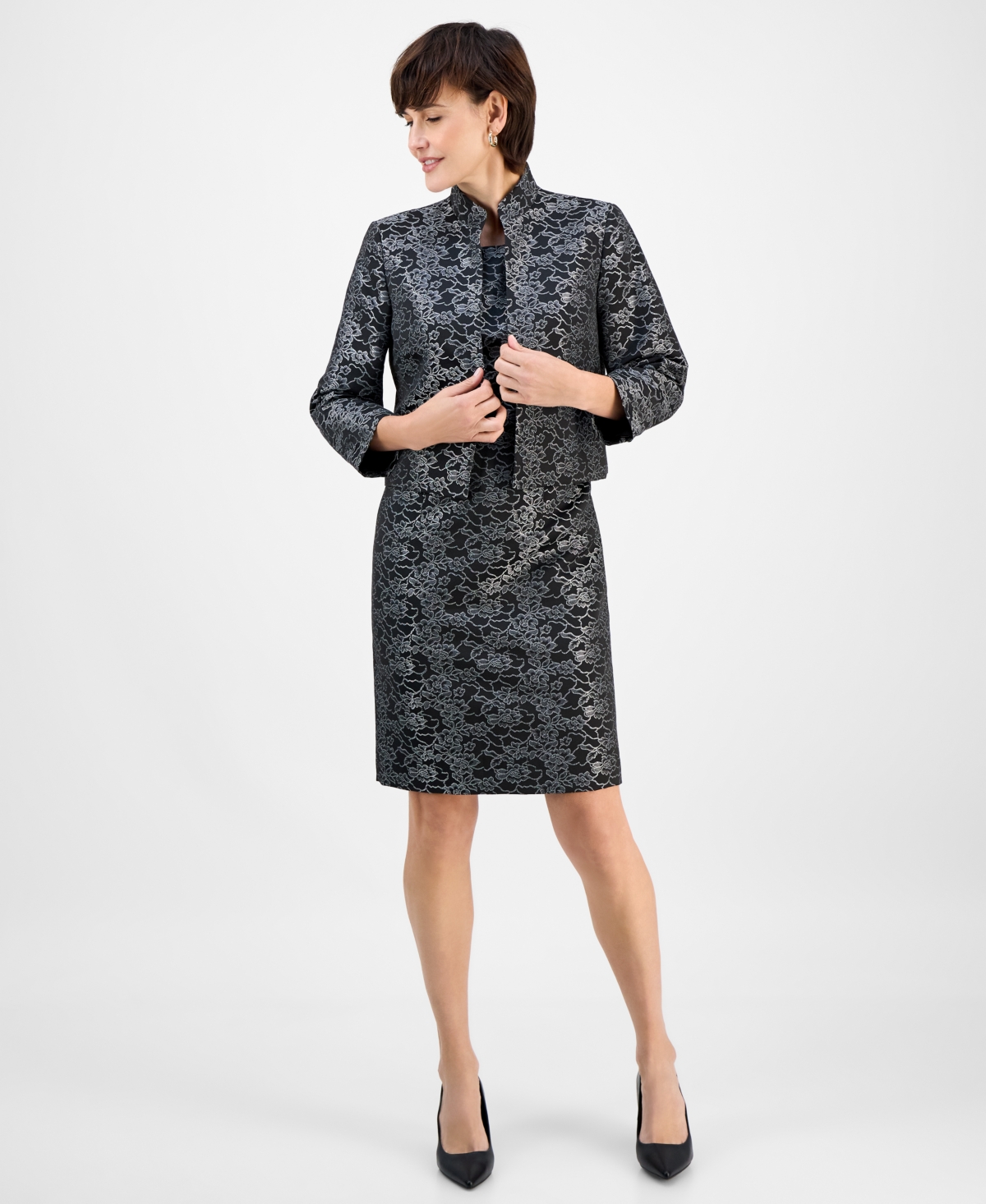 Le Suit Women’s Open-Front Jacket & Sleeveless 2 Piece Dress Suit – Black Multi