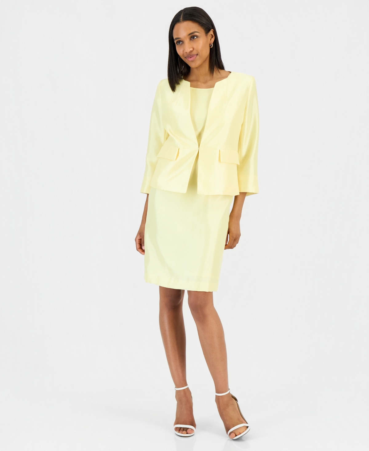 Le Suit Women’s Open-Front Jacket & Sleeveless Sheath Dress – Pale Yellow