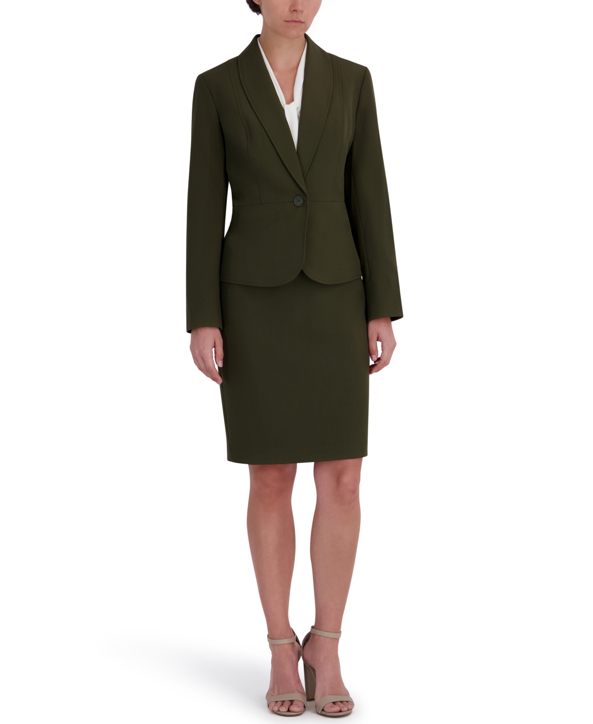 Le Suit Women’s Shawl-Collar Peplum Jacket & Yoked Slim Skirt Suit – Hunter