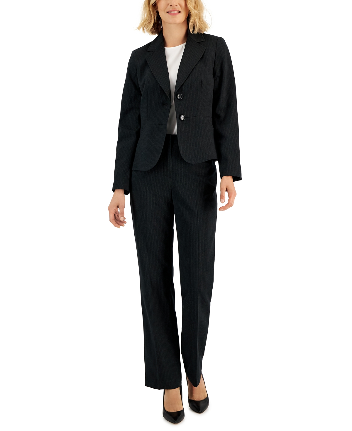 Le Suit Women’s Two-Button Pinstriped Pantsuit Set, Regular & Petite – Black Le Suit Women’s Two-Button Pinstriped Pantsuit Set, Regular & Petite – Black
