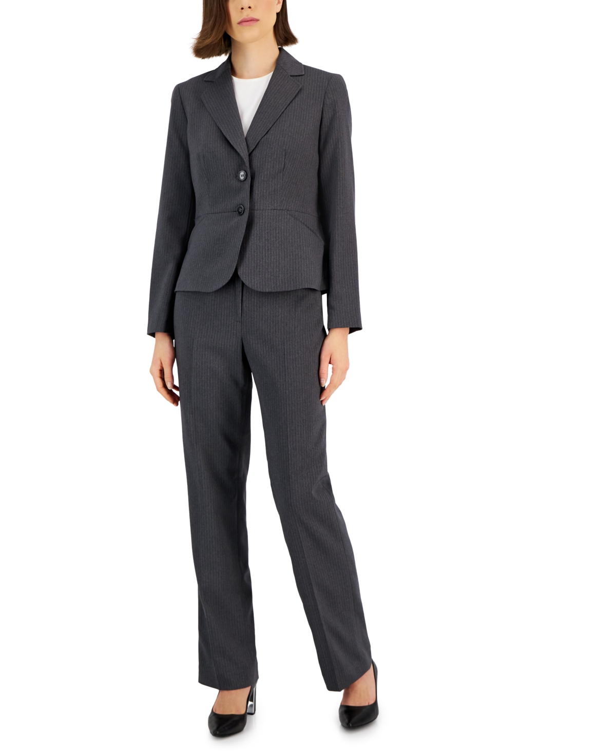 Le Suit Women’s Two-Button Pinstriped Pantsuit Set, Regular & Petite – Charcoal