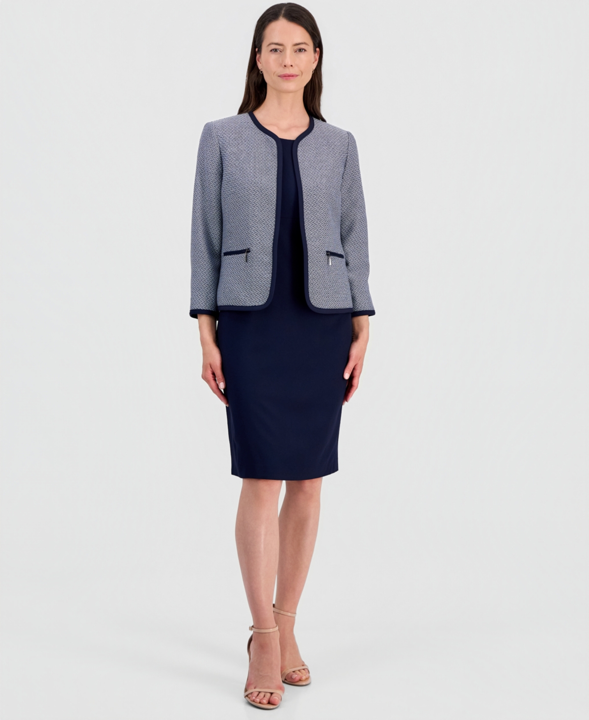 Le Suit Women’s Zipper-Pocket Open Cardigan & Empire-Seamed Dress Suit – Midnightnvy/natwhite Le Suit Women’s Zipper-Pocket Open Cardigan & Empire-Seamed Dress Suit – Midnightnvy/natwhite