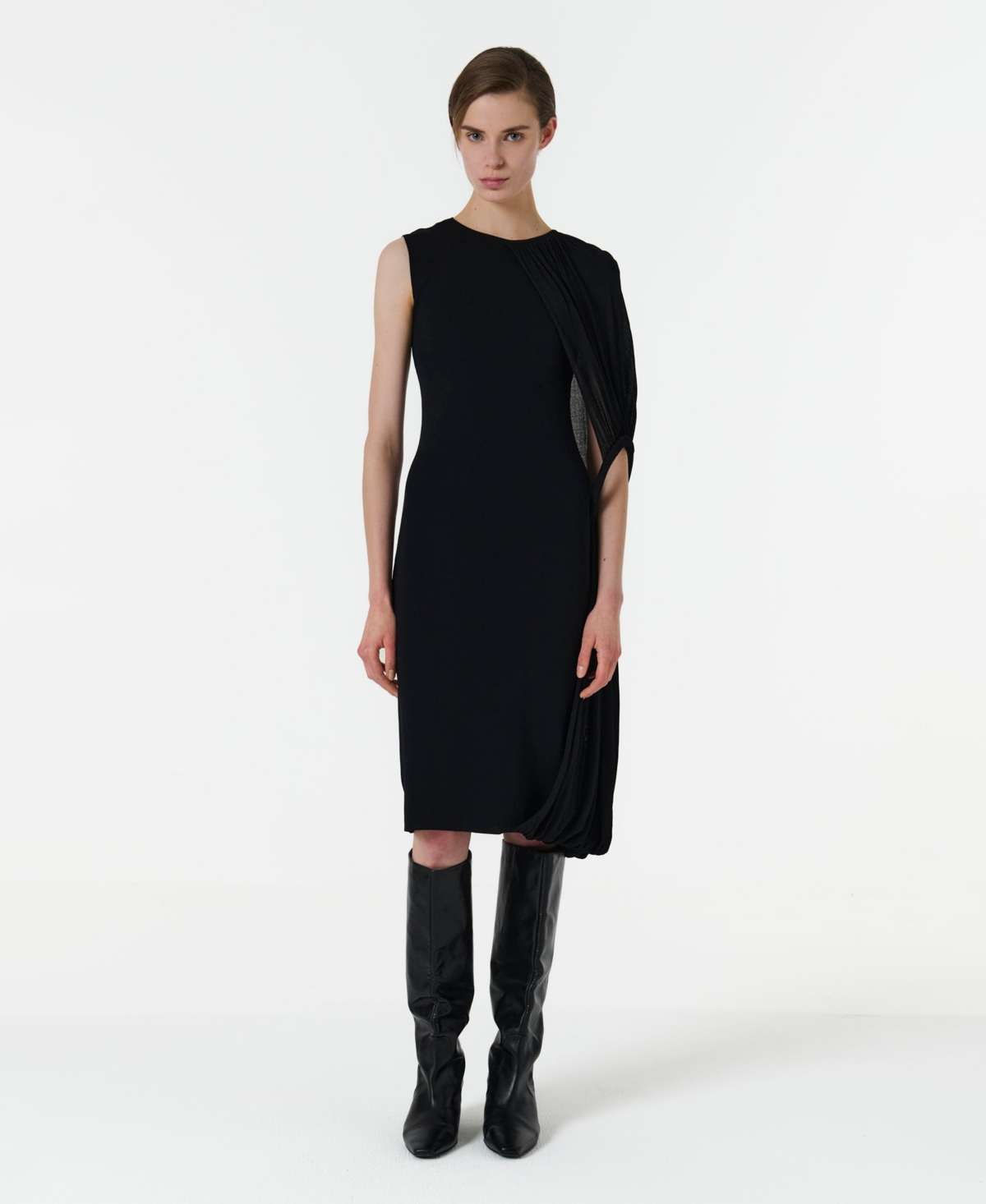 Leem Women’s Asymmetric Shoulder Hoop Knit Dress – Black