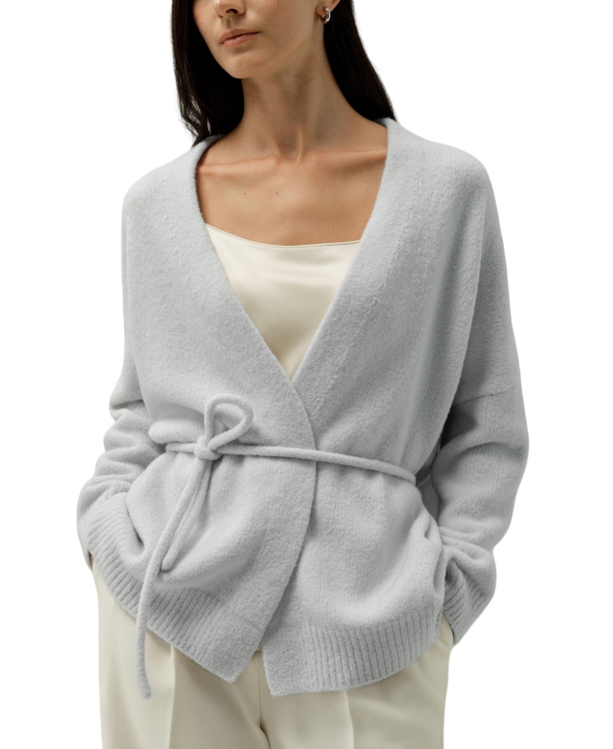 Lilysilk Women’s Boucle Knit Silk-Cashmere Wrap Cardigan – Ice