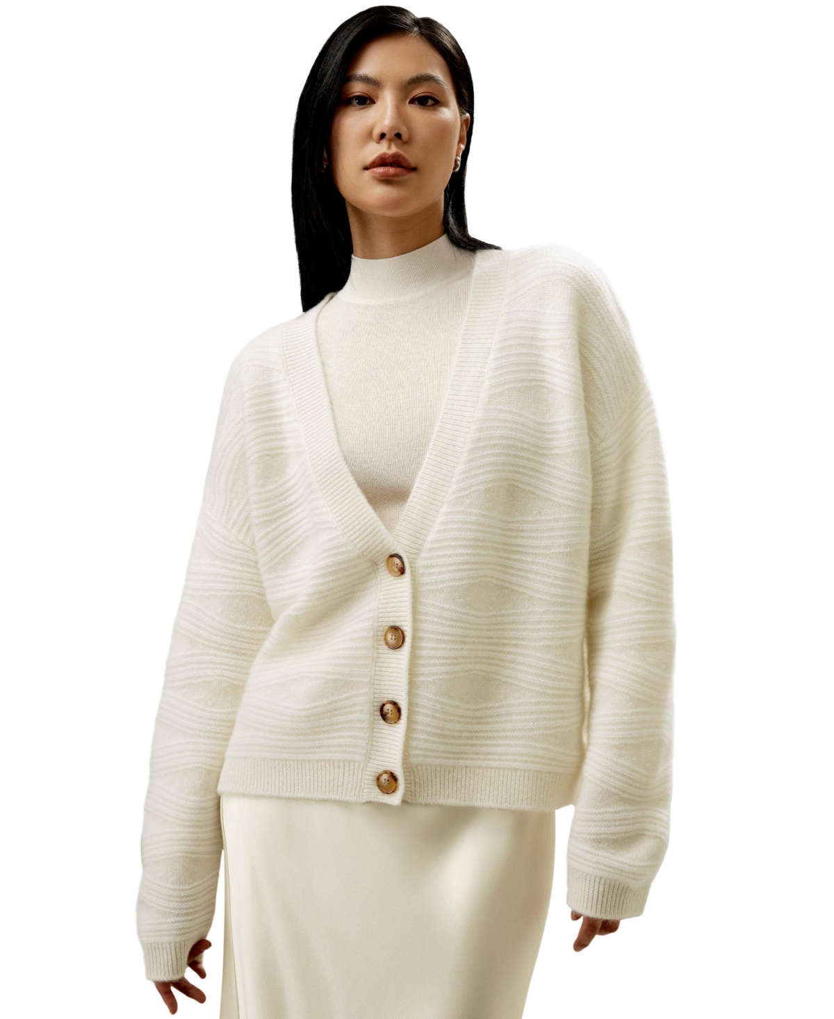Lilysilk Women’s Elegant V-Neck Cashmere Cardigan – White