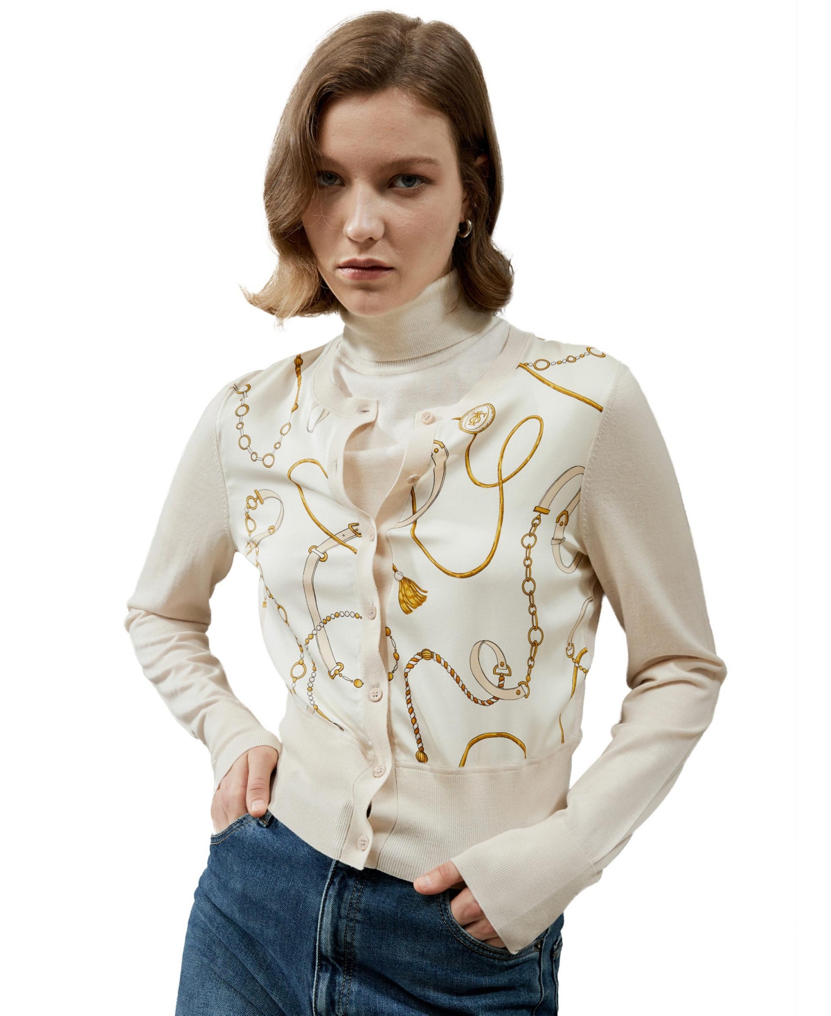 Lilysilk Women’s Merino Wool Cardigan with Louisville Silk Front – Louisville print-beige Lilysilk Women’s Merino Wool Cardigan with Louisville Silk Front – Louisville print-beige