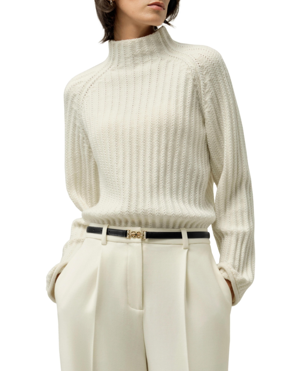 Lilysilk Women’s Pointelle Mock Neck Sweater – White