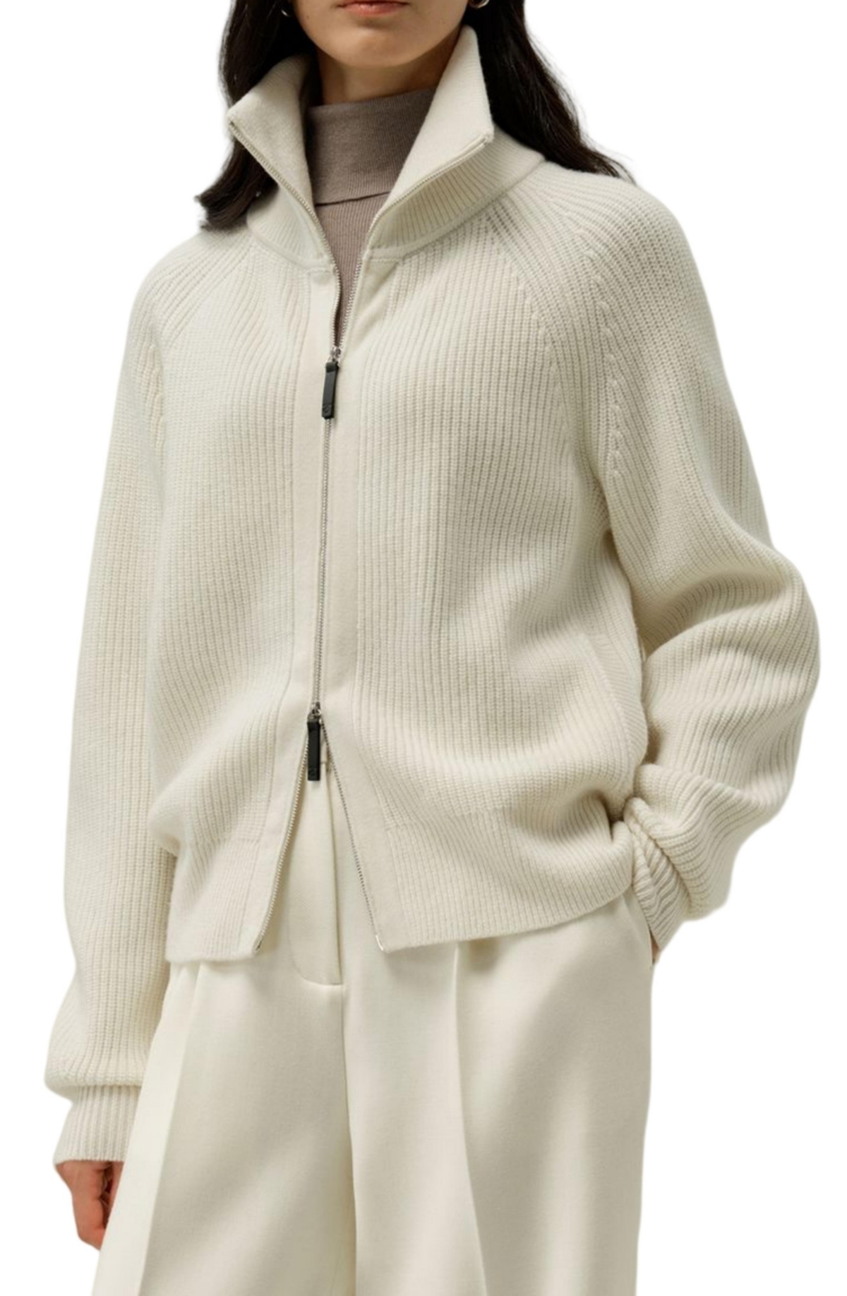 Lilysilk Women’s Ribbed-knit Turtleneck Zip Cardigan – White Lilysilk Women’s Ribbed-knit Turtleneck Zip Cardigan – White