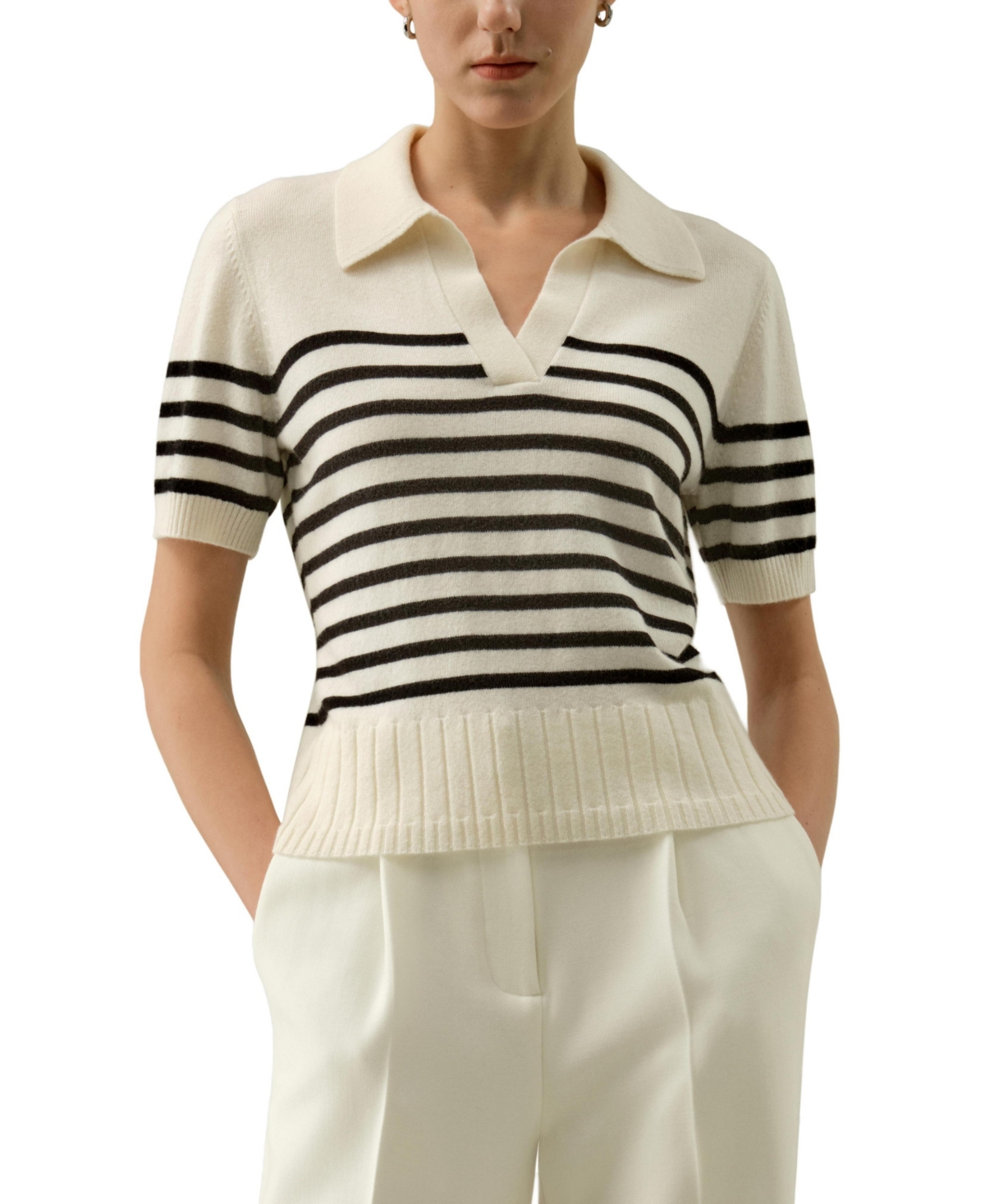 Lilysilk Women’s Striped Cashmere Polo Sweater – Black striped Lilysilk Women’s Striped Cashmere Polo Sweater – Black striped