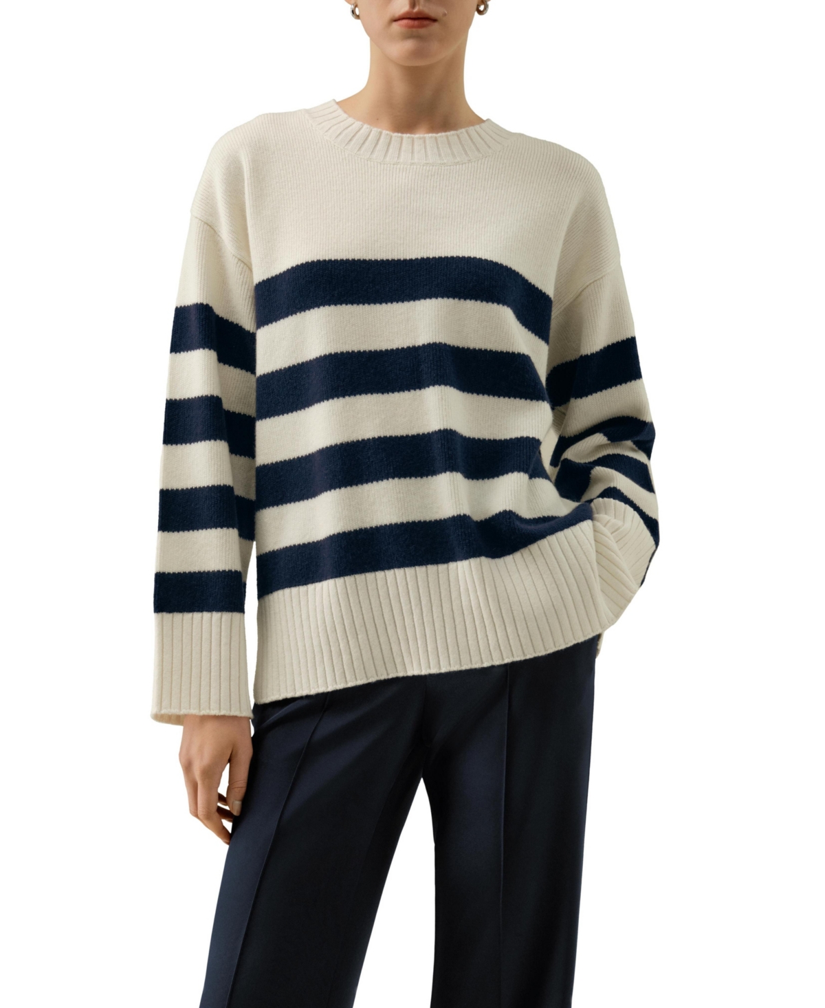 Lilysilk Women’s Striped Wool-Cashmere Oversized Sweater – Navy striped Lilysilk Women’s Striped Wool-Cashmere Oversized Sweater – Navy striped