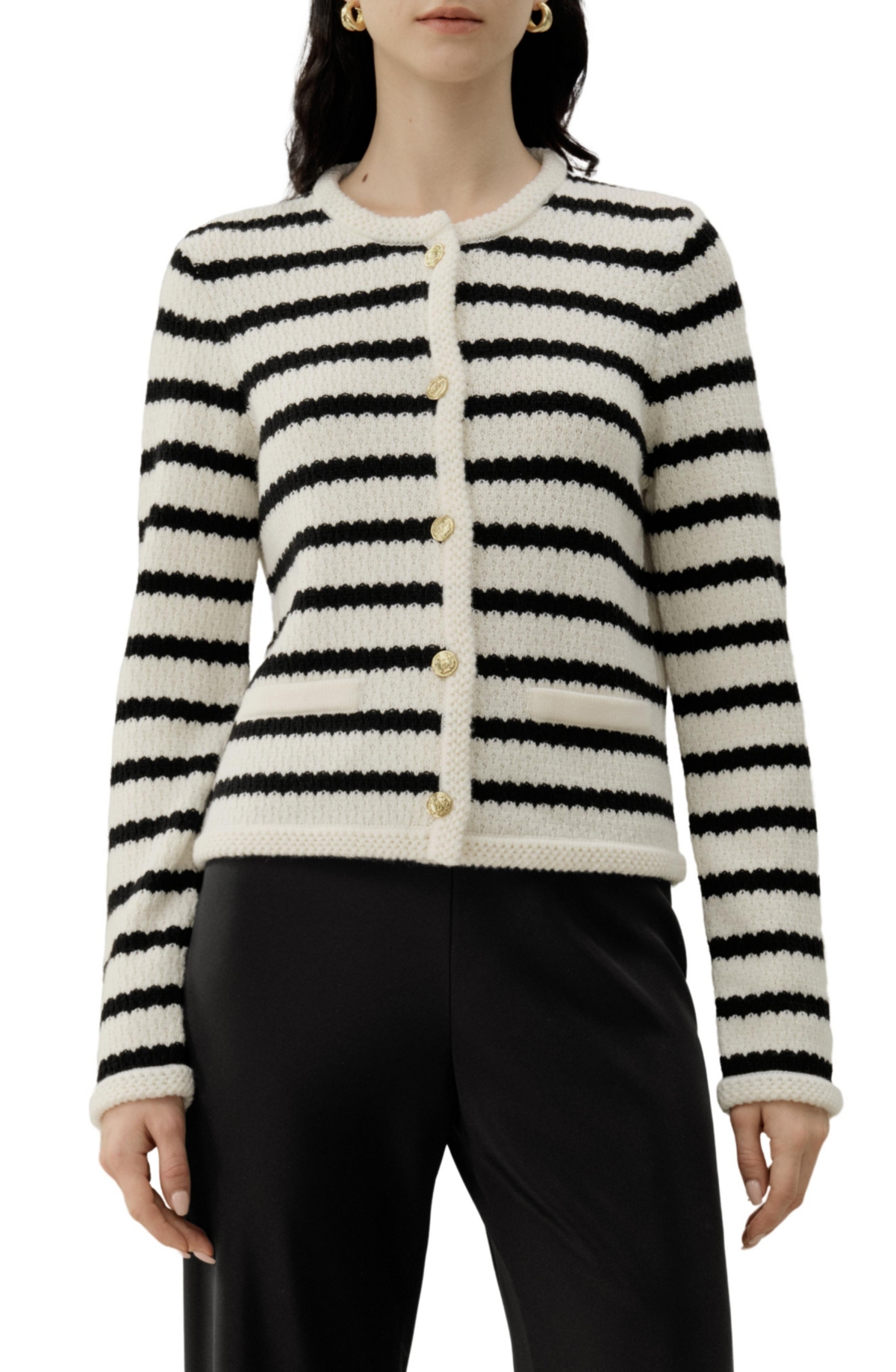 Lilysilk Women’s Stripped Crochet Washable-Wool Cardigan – Blackwhite stripes Lilysilk Women’s Stripped Crochet Washable-Wool Cardigan – Blackwhite stripes