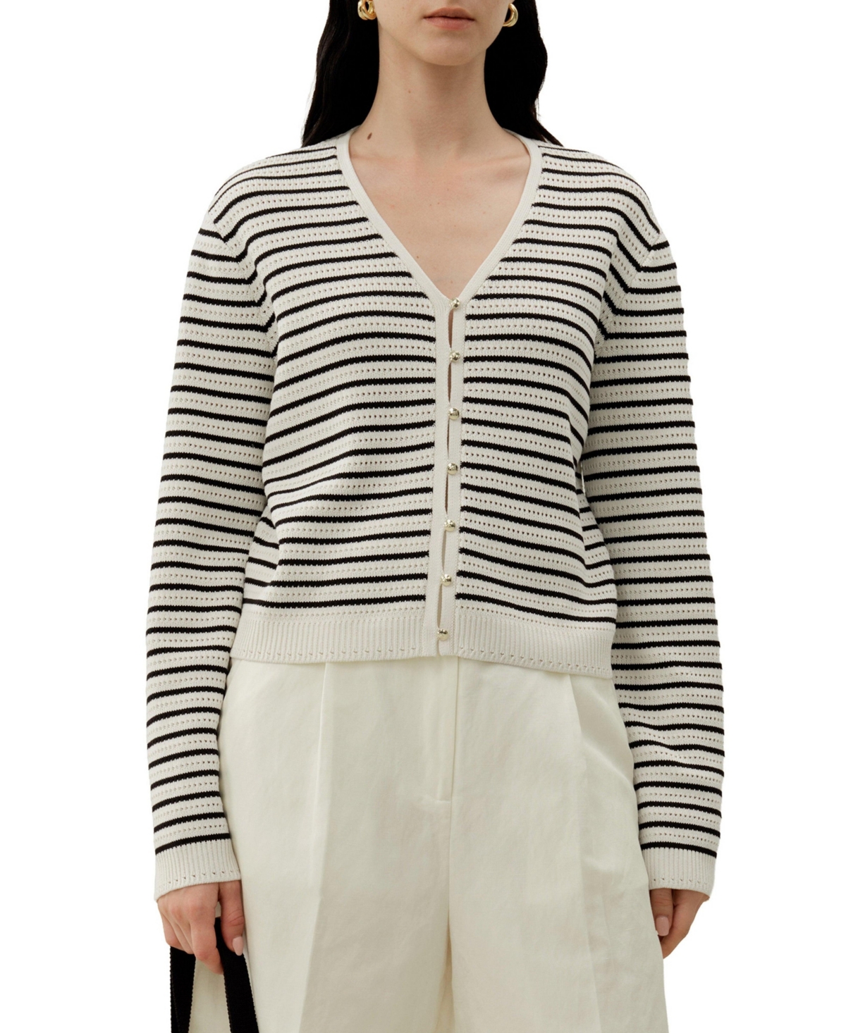 Lilysilk Women’s Toscana Striped Pointelle Cardigan – White with black stripes