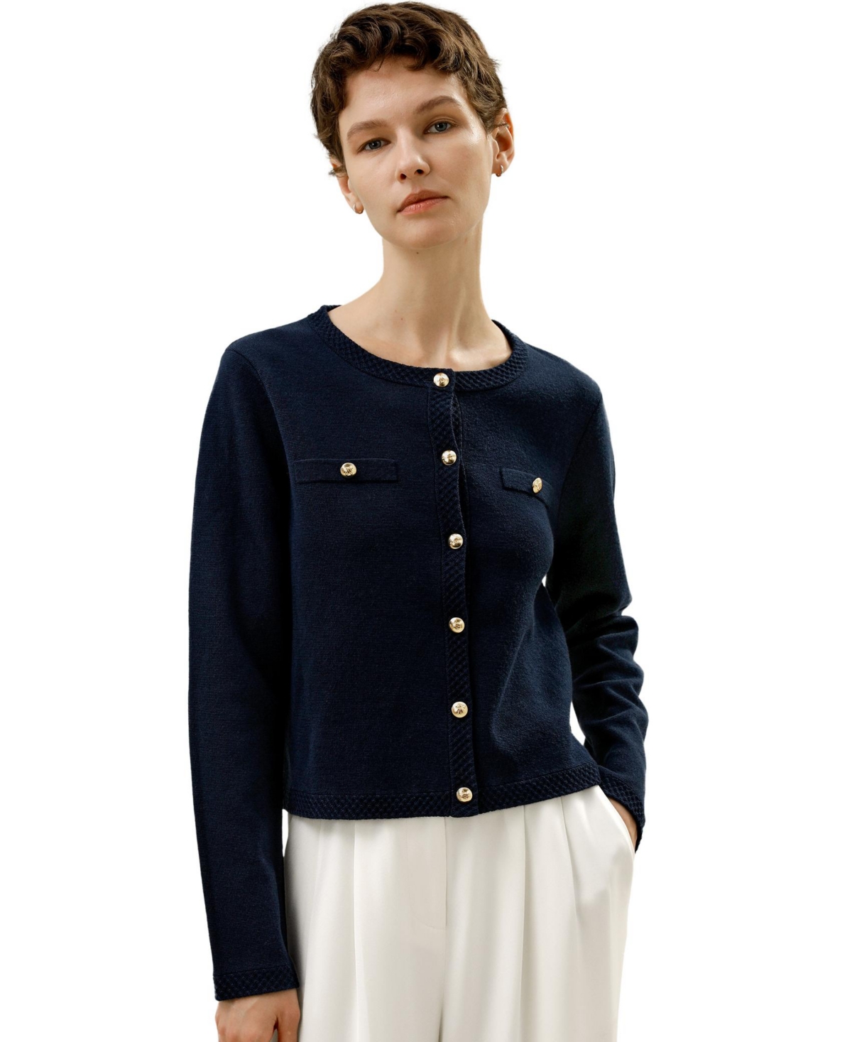 Lilysilk Women’s Wool Button-Front Sweater Lady Jacket – Navy blue