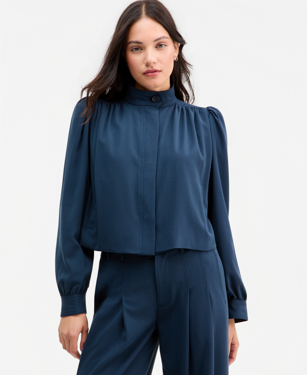 Liverpool Los Angeles Women’s Puff-Sleeve Hidden-Placket Jacket – Oxford Navy Liverpool Los Angeles Women’s Puff-Sleeve Hidden-Placket Jacket – Oxford Navy