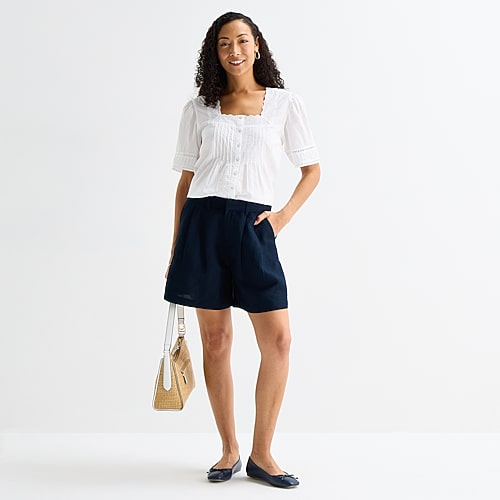 Liz Claiborne Linen Womens Mid Rise Pleated Short, 10 Petite, Blue Liz Claiborne Linen Womens Mid Rise Pleated Short, 10 Petite, Blue