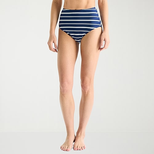 Liz Claiborne Womens Lined Striped Full Coverage High Waist Bikini Swimsuit Bottom, 12, White Liz Claiborne Womens Lined Striped Full Coverage High Waist Bikini Swimsuit Bottom, 12, White
