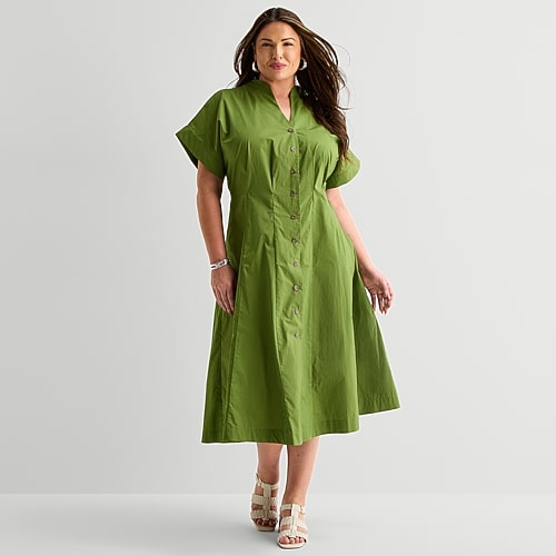 Liz Claiborne Womens Plus Midi V Neck Short Sleeve A-Line Dress, 2x, Green Liz Claiborne Womens Plus Midi V Neck Short Sleeve A-Line Dress, 2x, Green