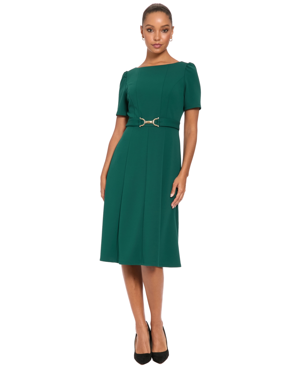 London Times Women’s A-Line Belted Midi Dress – Botanic Green