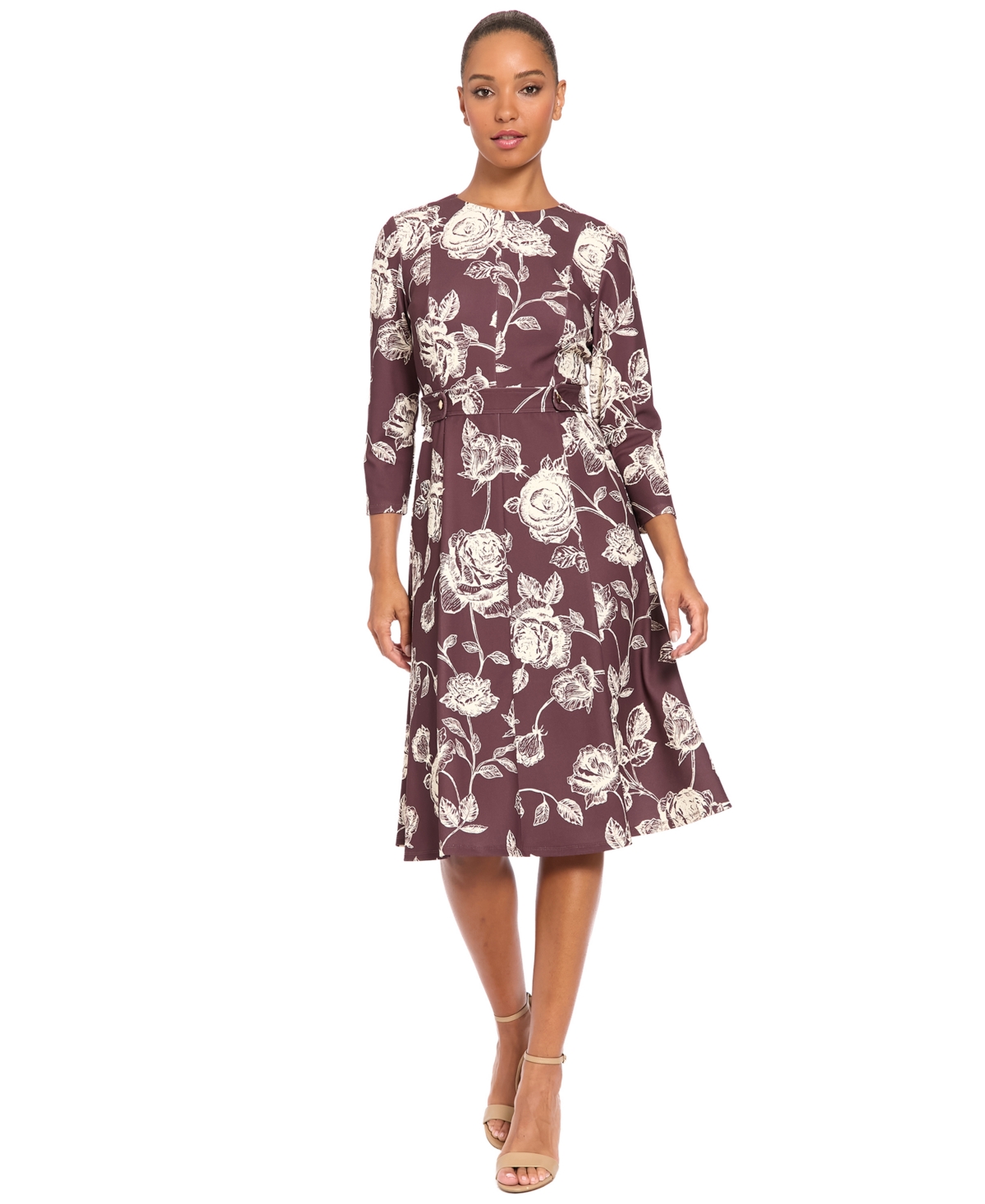 London Times Women’s Floral-Print A-Line 3/4-Sleeve Midi Dress – Chocolate/Ivory