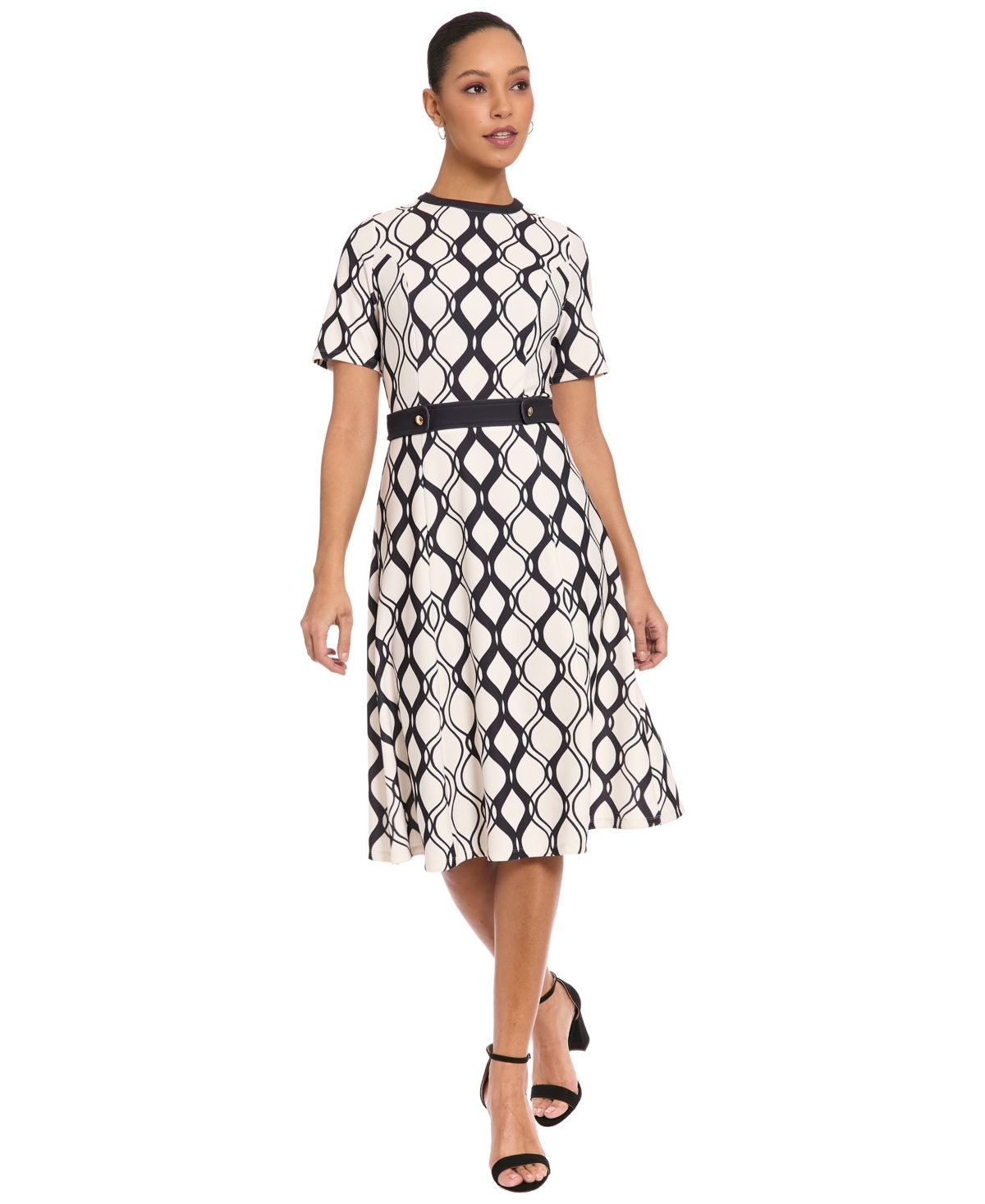 London Times Women’s Geometric Print Belted Dress – Ivory/Black London Times Women’s Geometric Print Belted Dress – Ivory/Black