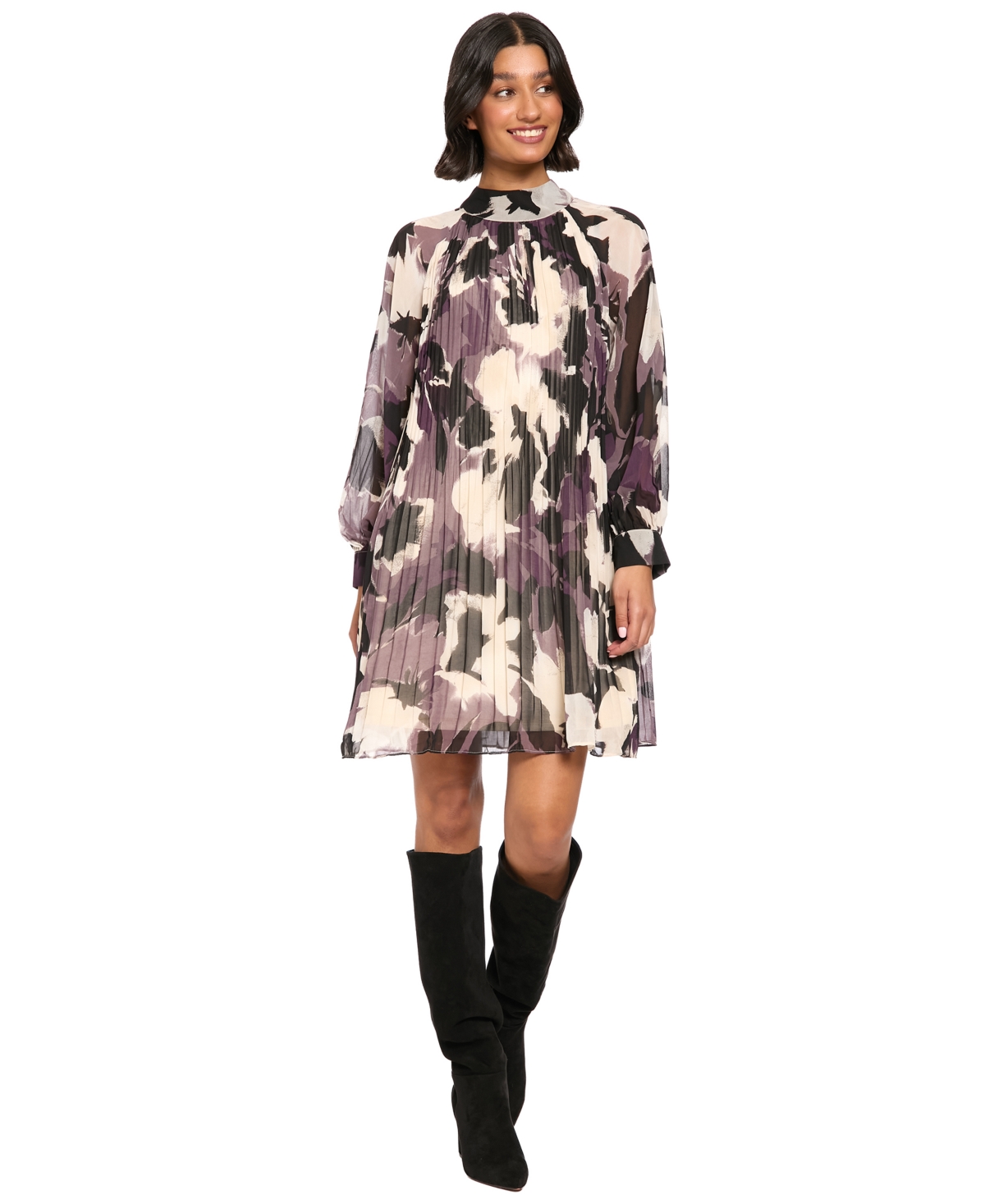 London Times Women’s Mock Neck Long Sleeve Pleated A-Line Dress – Mauve/Grape