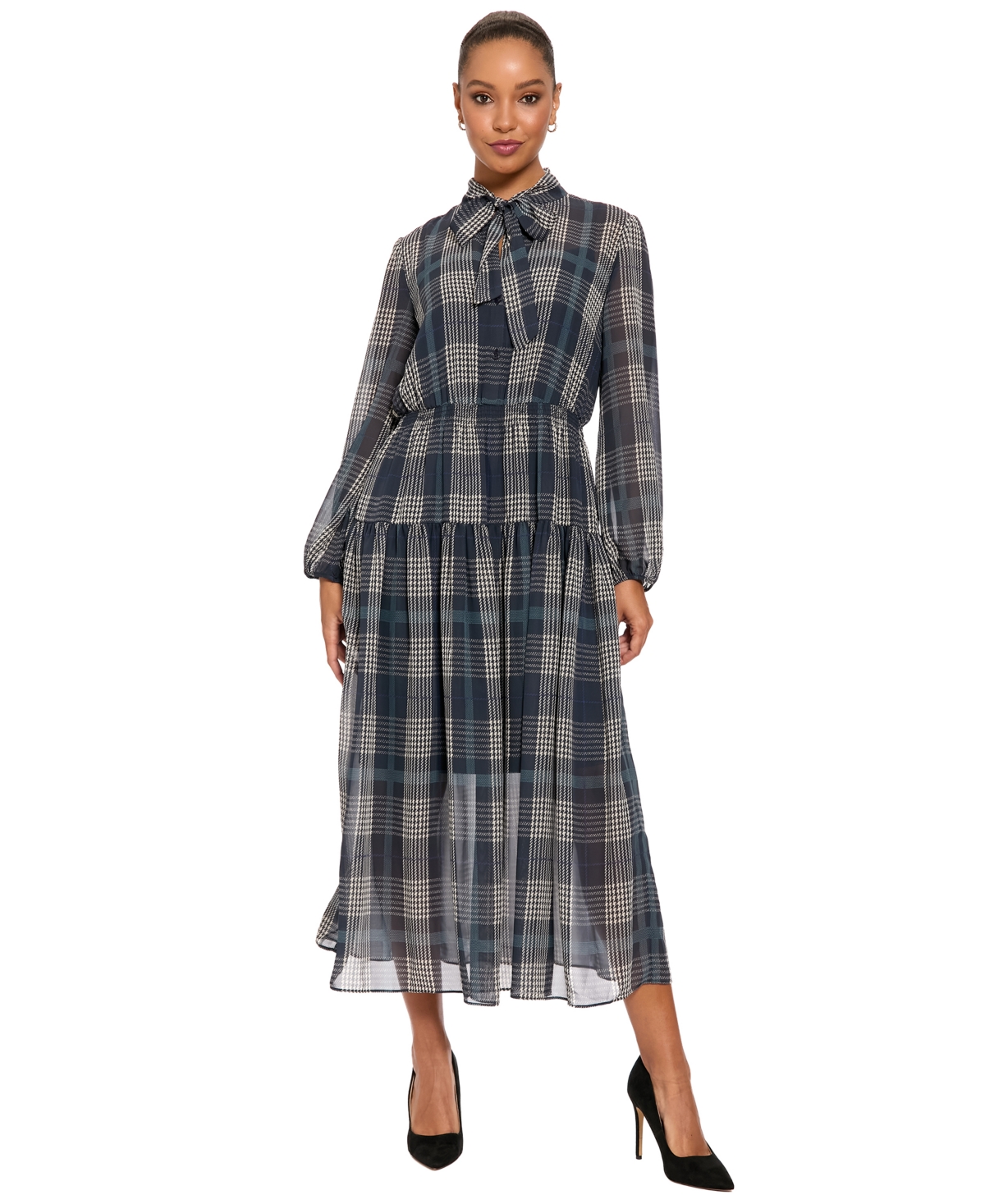 London Times Women’s Plaid-Print Midi Tie-Neck Dress – blue