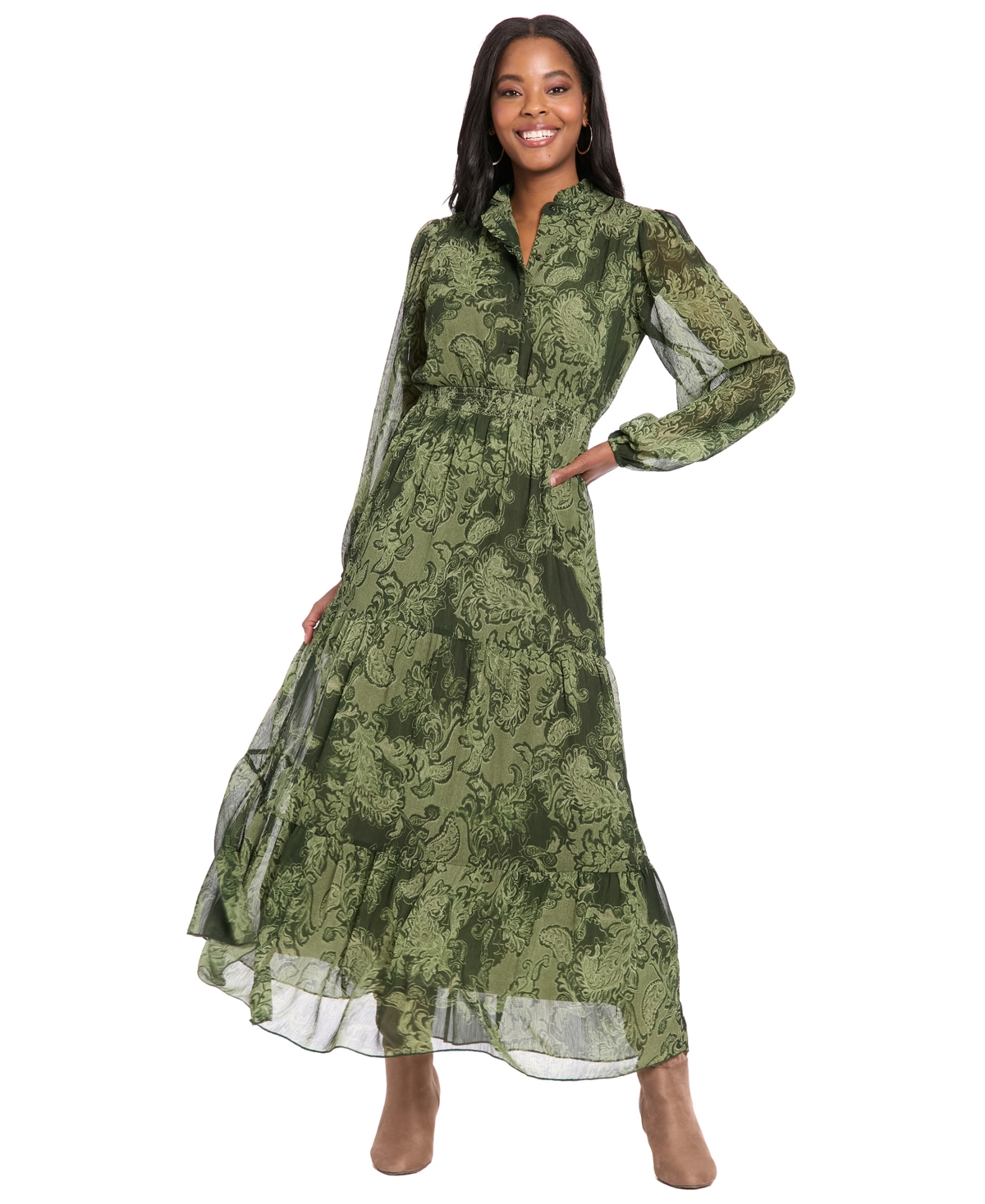 London Times Women’s Printed Tiered Mock Neck Maxi Dress – Green London Times Women’s Printed Tiered Mock Neck Maxi Dress – Green