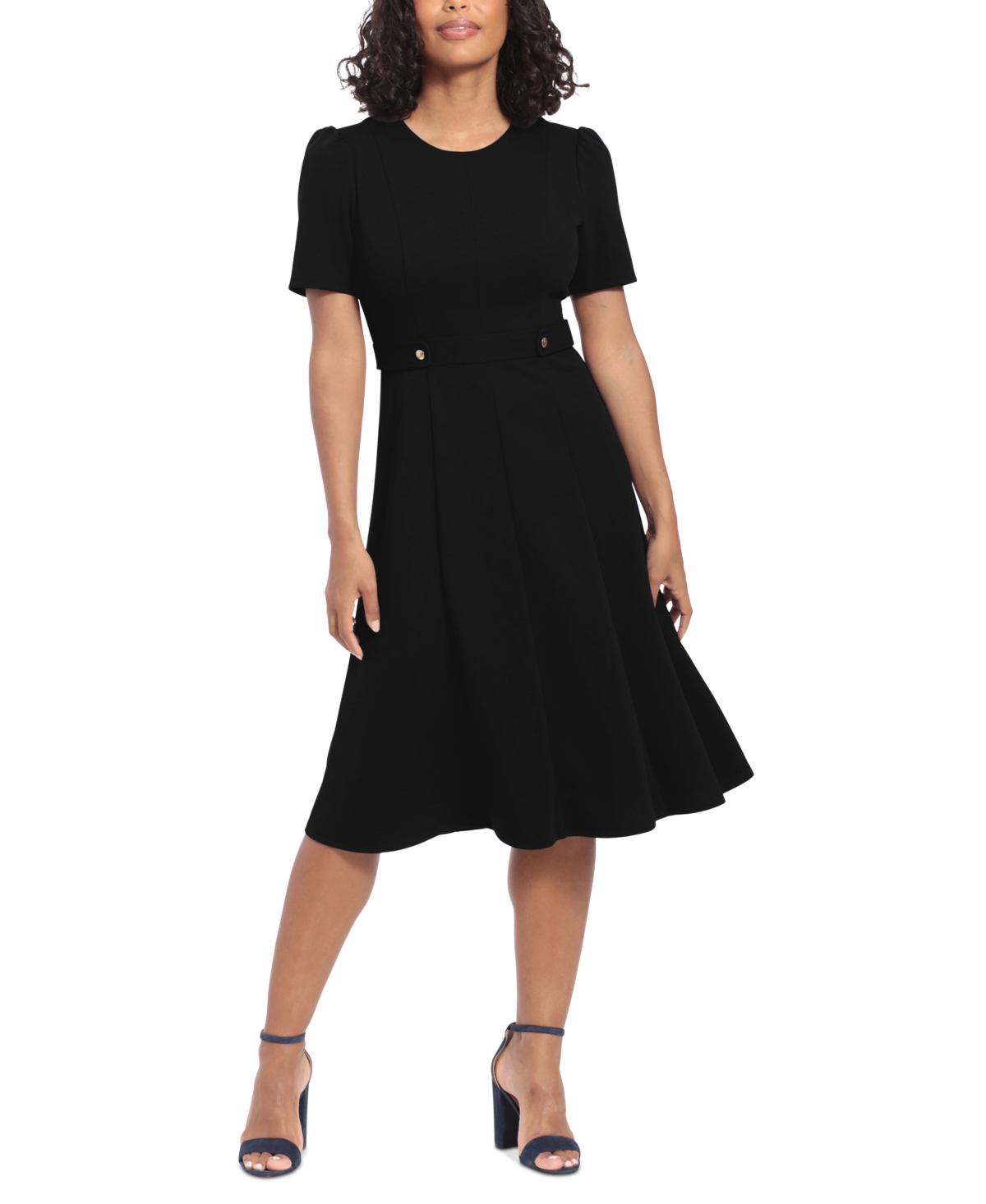 London Times Women’s Puff-Sleeve Tab-Detail Fit & Flare Dress – Black