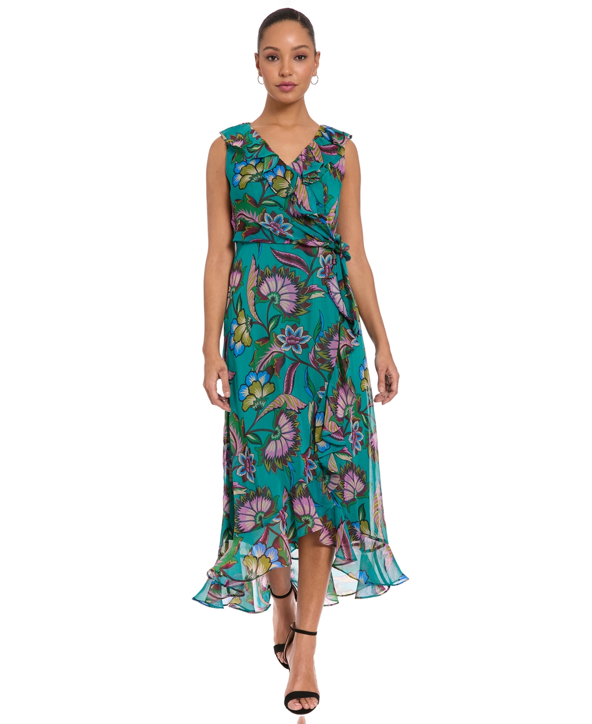 London Times Women’s Side Tie Ruffle Wrap High-Low Floral-Print Dress – Teal Berry