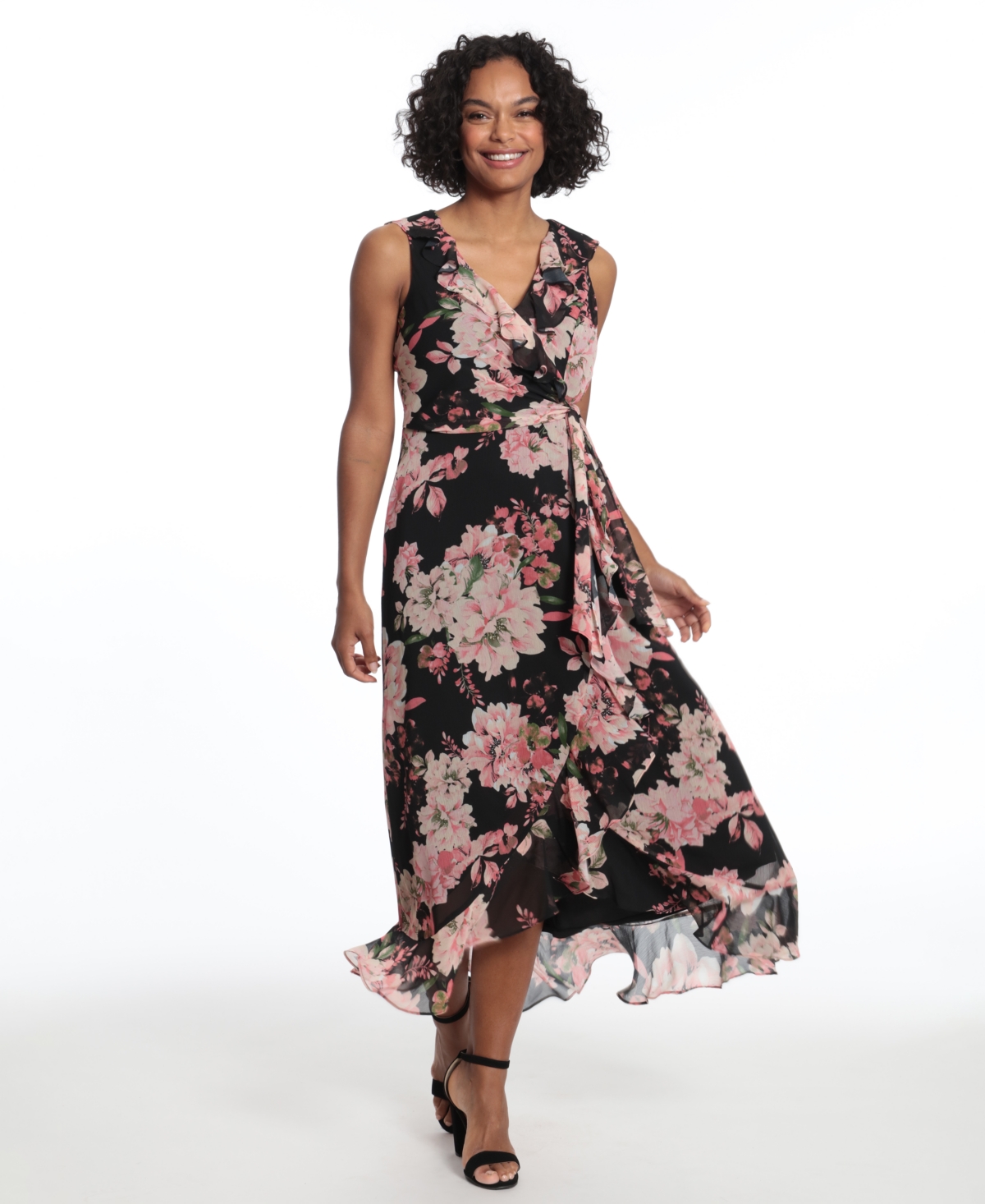 London Times Women’s Side Tie Ruffle Wrap V-Neck Dress – Black London Times Women’s Side Tie Ruffle Wrap V-Neck Dress – Black