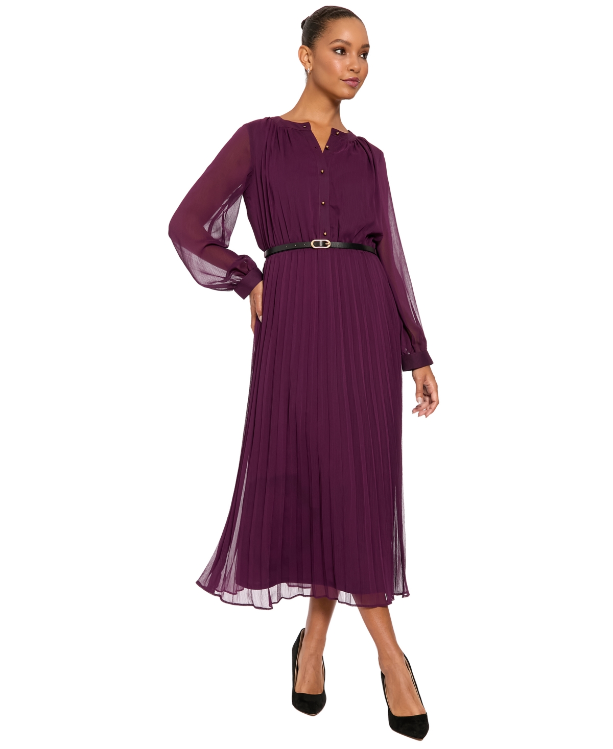 London Times Women’s Tea Pleated Chiffon Midi Long-Sleeve Dress – Plum London Times Women’s Tea Pleated Chiffon Midi Long-Sleeve Dress – Plum