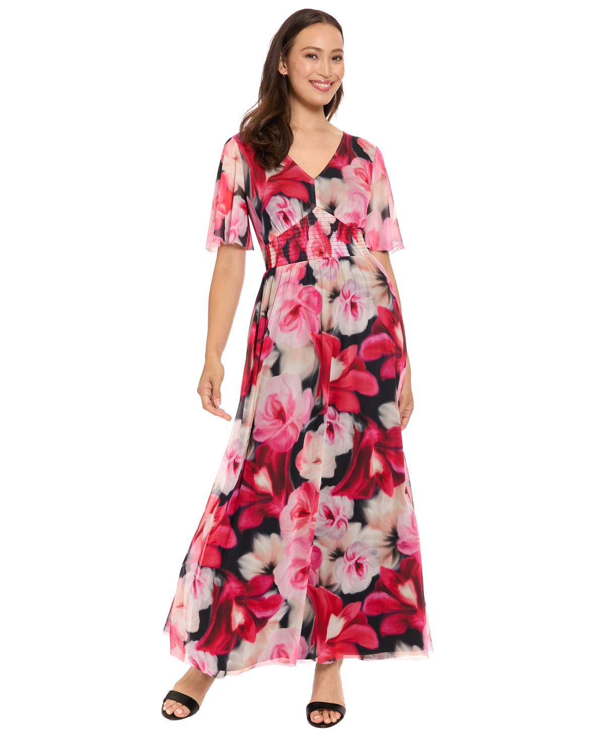 London Times Women’s V-Neck Smocked Flutter-Sleeve Maxi Dress – Black/Coral London Times Women’s V-Neck Smocked Flutter-Sleeve Maxi Dress – Black/Coral