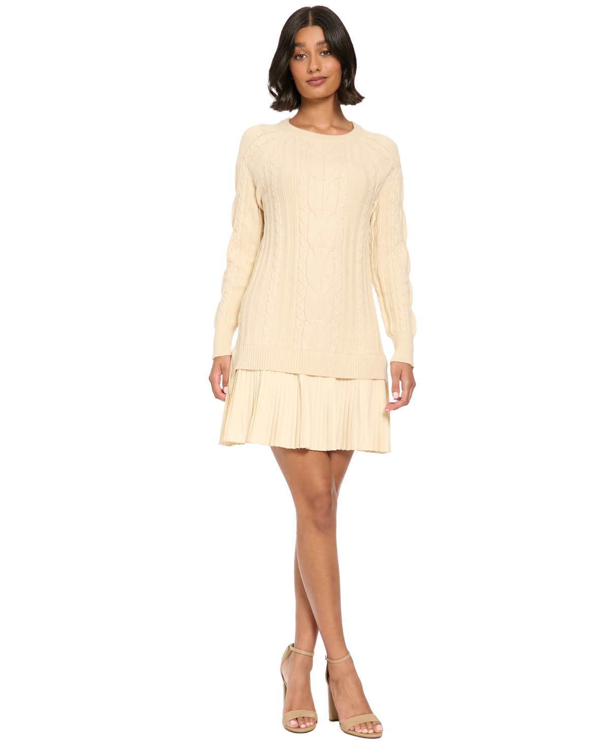 London Times Women’s Viscose-Blend Long-Sleeve Pleated Cable-Knit Sweater Dress – Arctic Cream