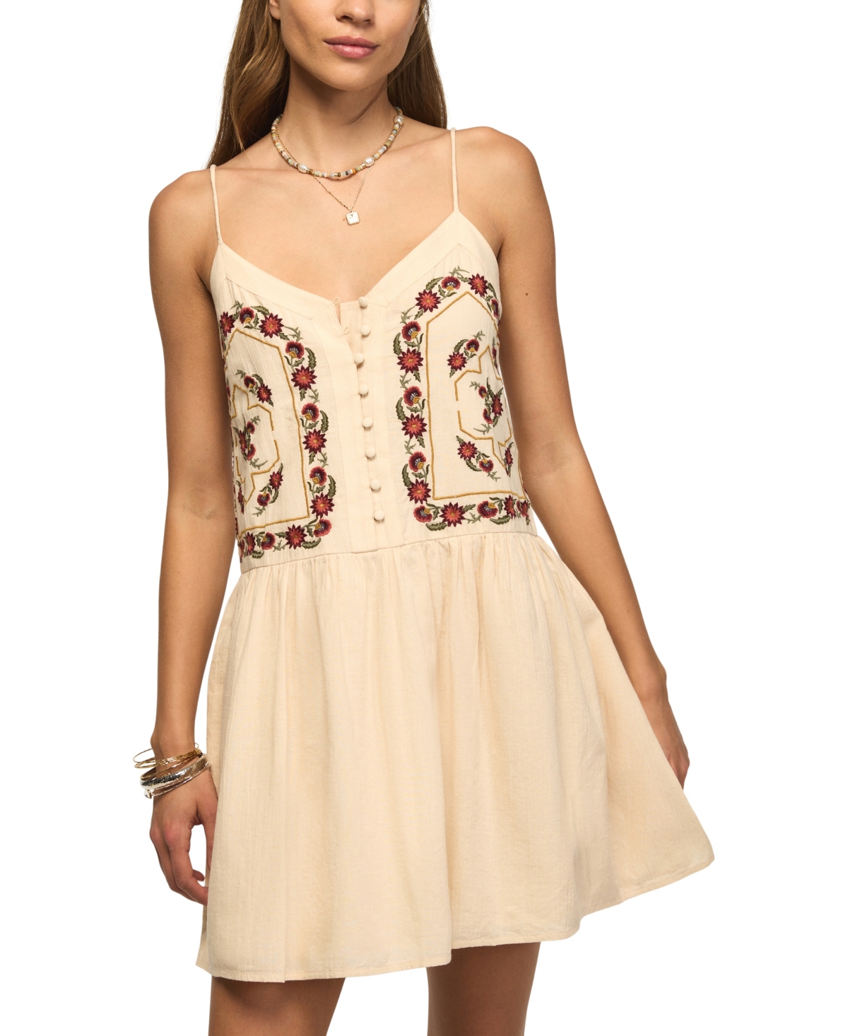 Lucky Brand Women’s Contrast Embroidered Button Front Mini Dress – Gardenia
