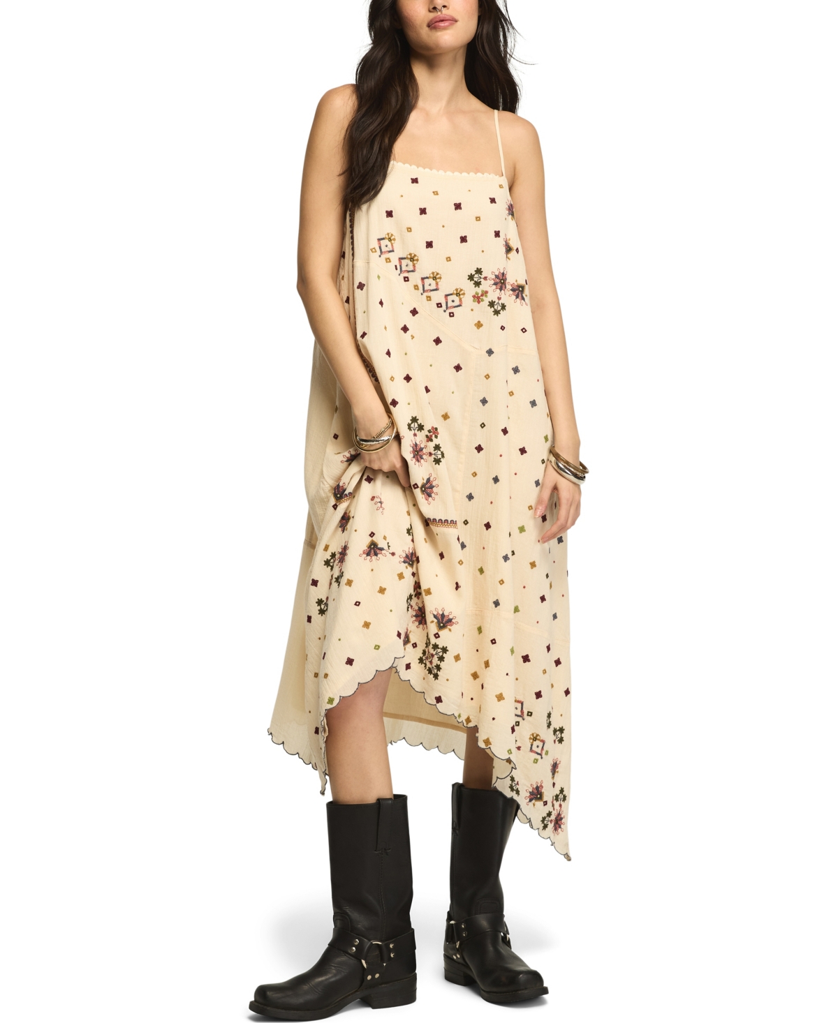 Lucky Brand Women’s Contrast Embroidered Mix Floral Boho Midi Dress – Gardenia
