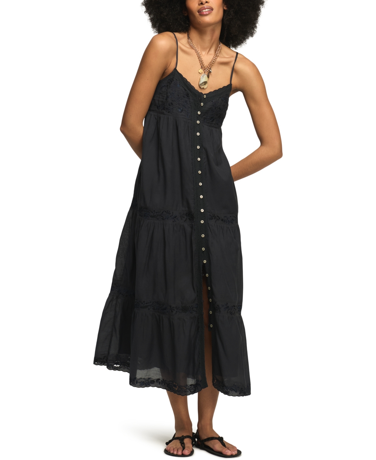 Lucky Brand Women’s Embroidered V-Neck Tiered Midi Dress – India Ink Lucky Brand Women’s Embroidered V-Neck Tiered Midi Dress – India Ink