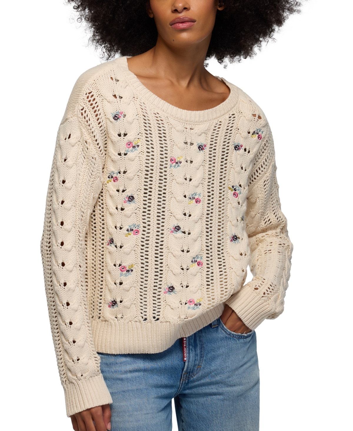 Lucky Brand Women’s Floral-Embroidered Cable-Knit Crewneck Sweater – Whitecap Gray