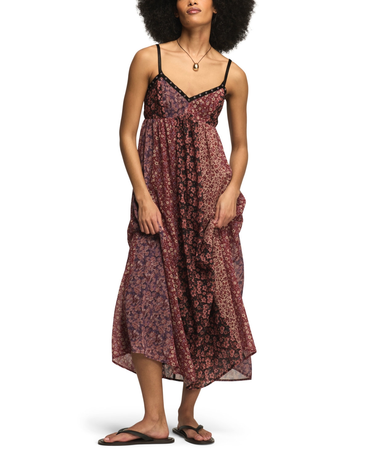 Lucky Brand Women’s Print V-Neck Mix Midi Dress – Burgundy Print Mix Lucky Brand Women’s Print V-Neck Mix Midi Dress – Burgundy Print Mix