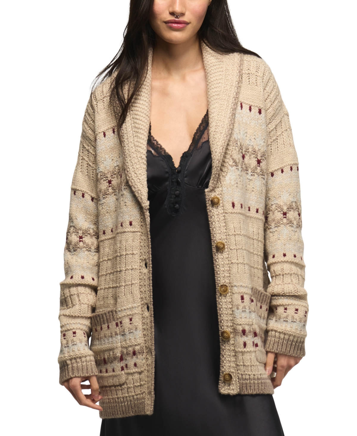 Lucky Brand Women’s Shawl-Collar Fair Isle Cardigan – Light Oatmeal Heather