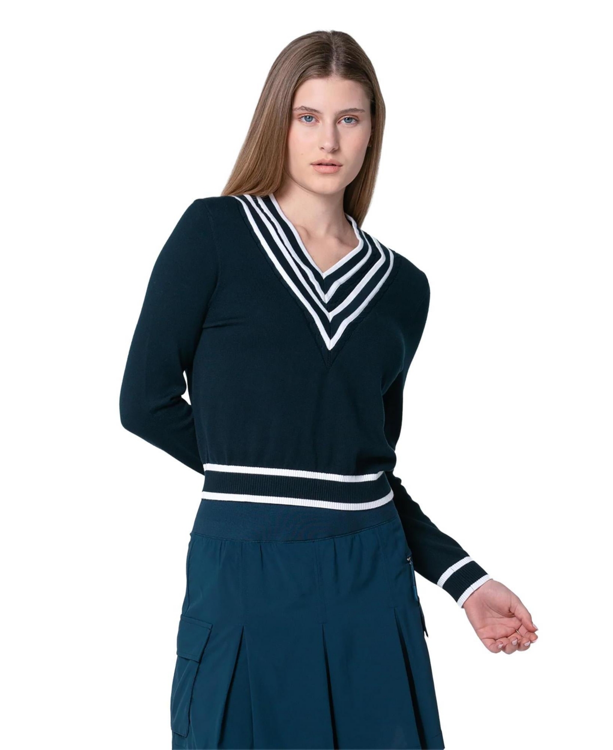 Lucky In Love Women’s Victory V-neck Sweater – White/midnight
