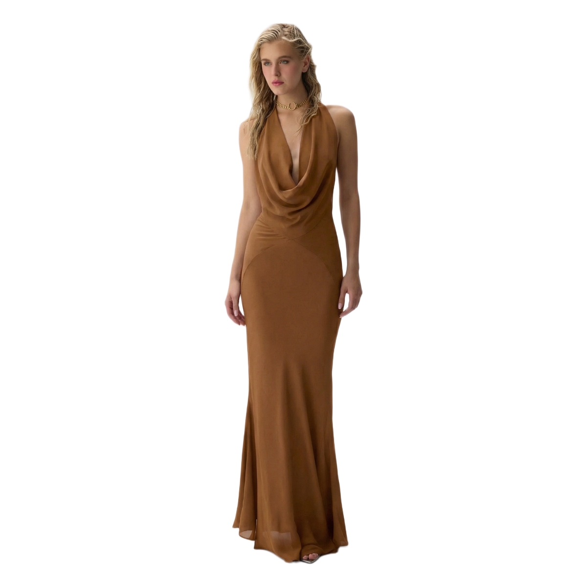 Luna B Women’s Siren Halter V-Neck Maxi Dress – Brown