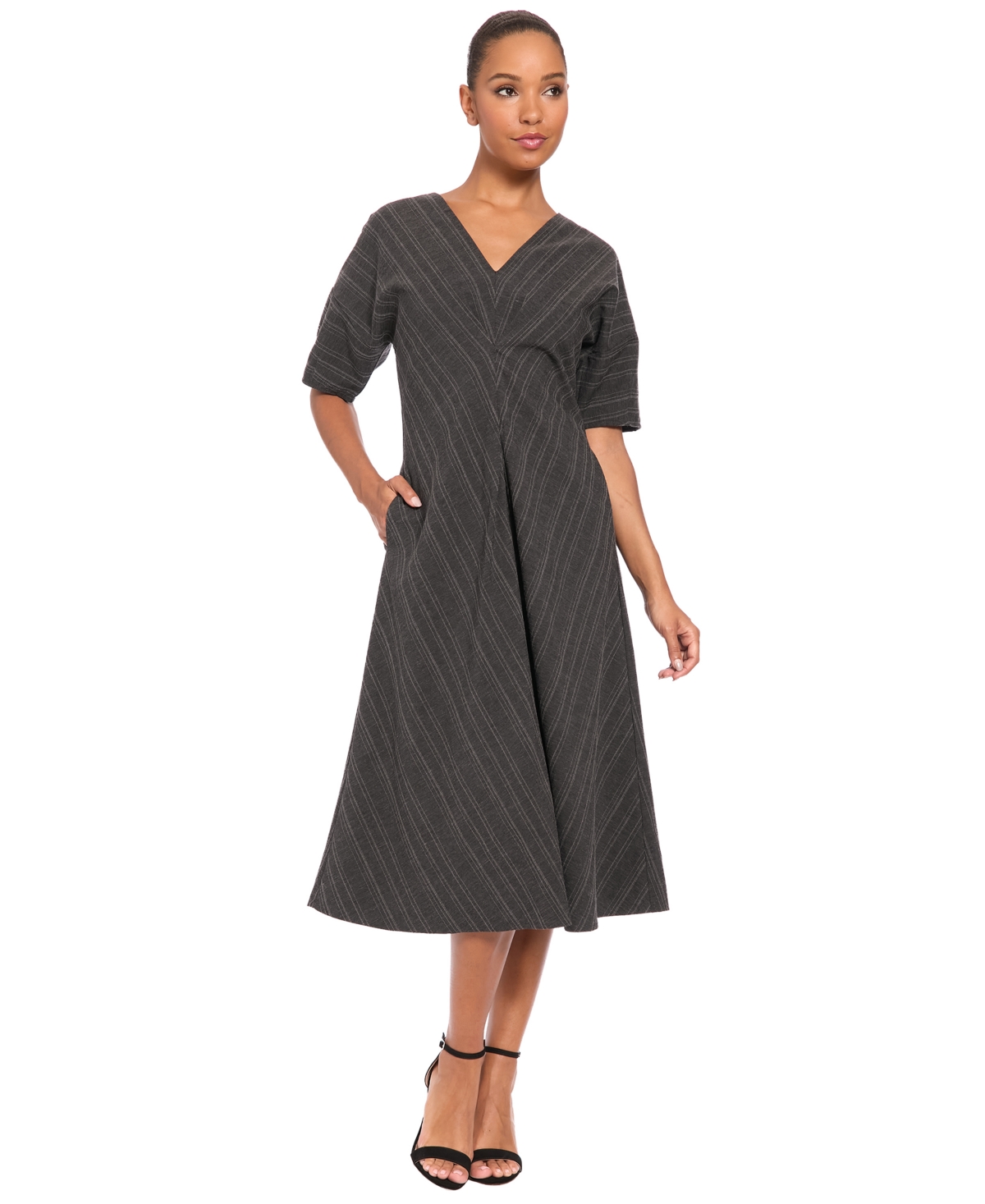 Luxely Women’s 3/4 Puff-Sleeve V-Neck Striped Fit-and-Flare Midi Dress – Black/Ivory Luxely Women’s 3/4 Puff-Sleeve V-Neck Striped Fit-and-Flare Midi Dress – Black/Ivory
