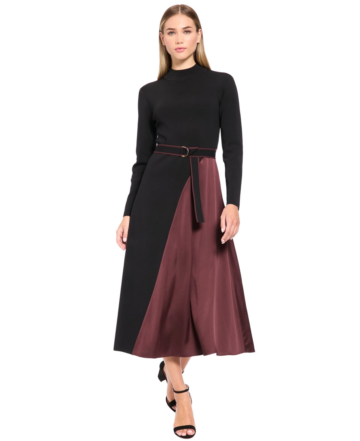 Luxely Women’s Belted Mock Neck Colorblock Midi Dress – Black/Chocolate Luxely Women’s Belted Mock Neck Colorblock Midi Dress – Black/Chocolate
