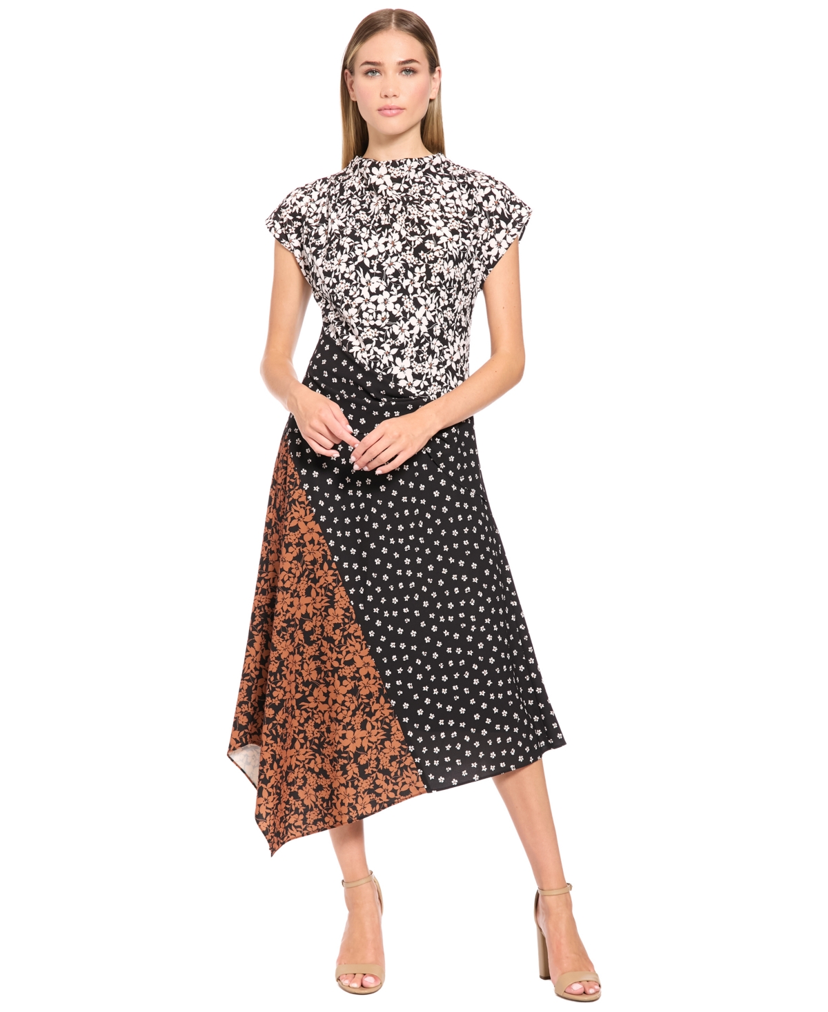 Luxely Women’s Patchwork Print Mock Neck Midi Dress – Black/ Caramel