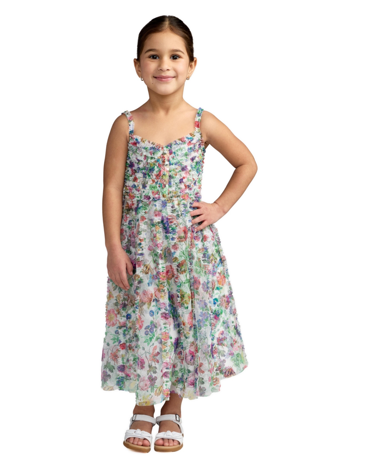 Mac Duggal Big Girls Mesh V-Neck Floral Print Mini Dress – Multi