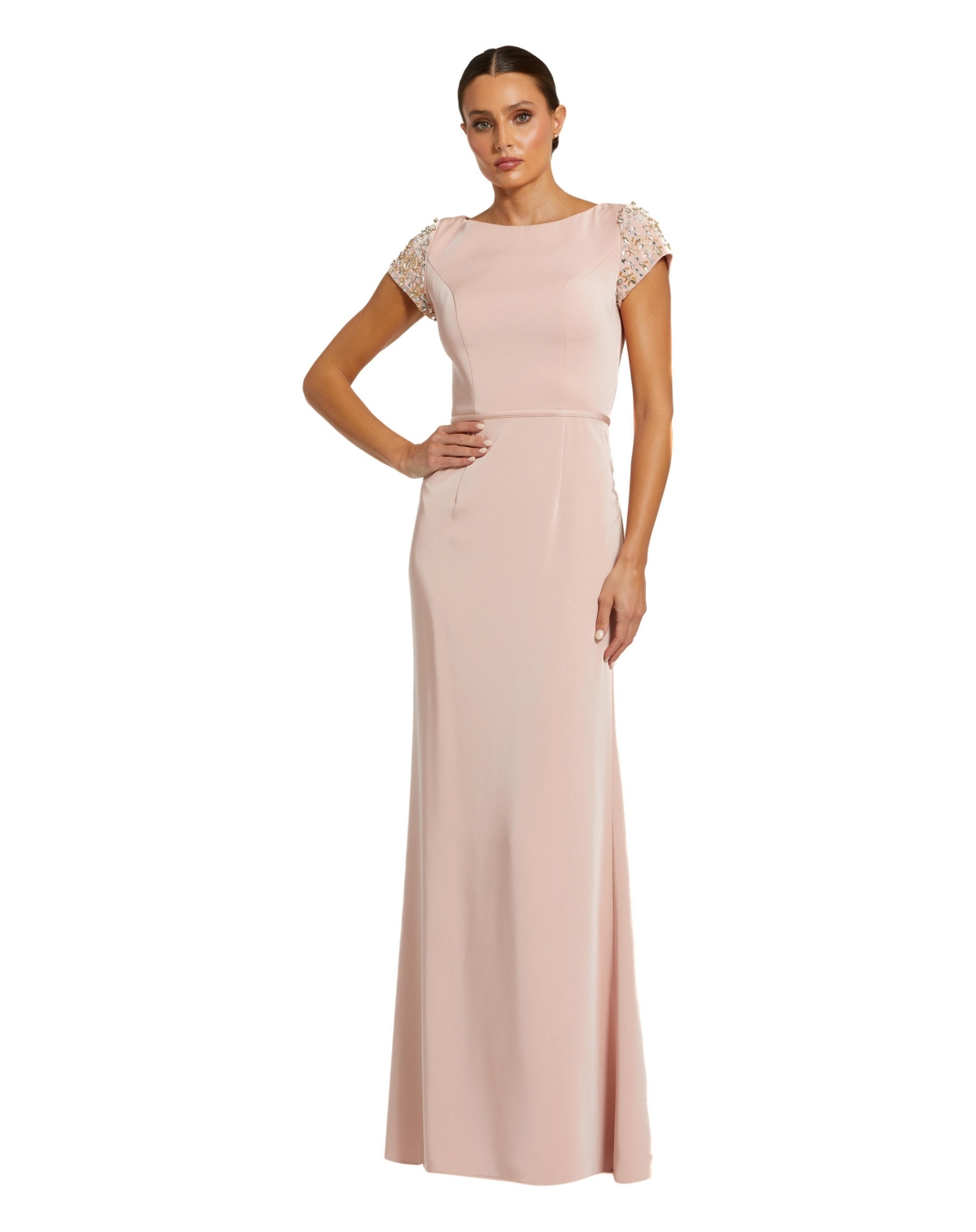 Mac Duggal Women’s Beaded Cap Sleeve Bateau Column Dress – Rose