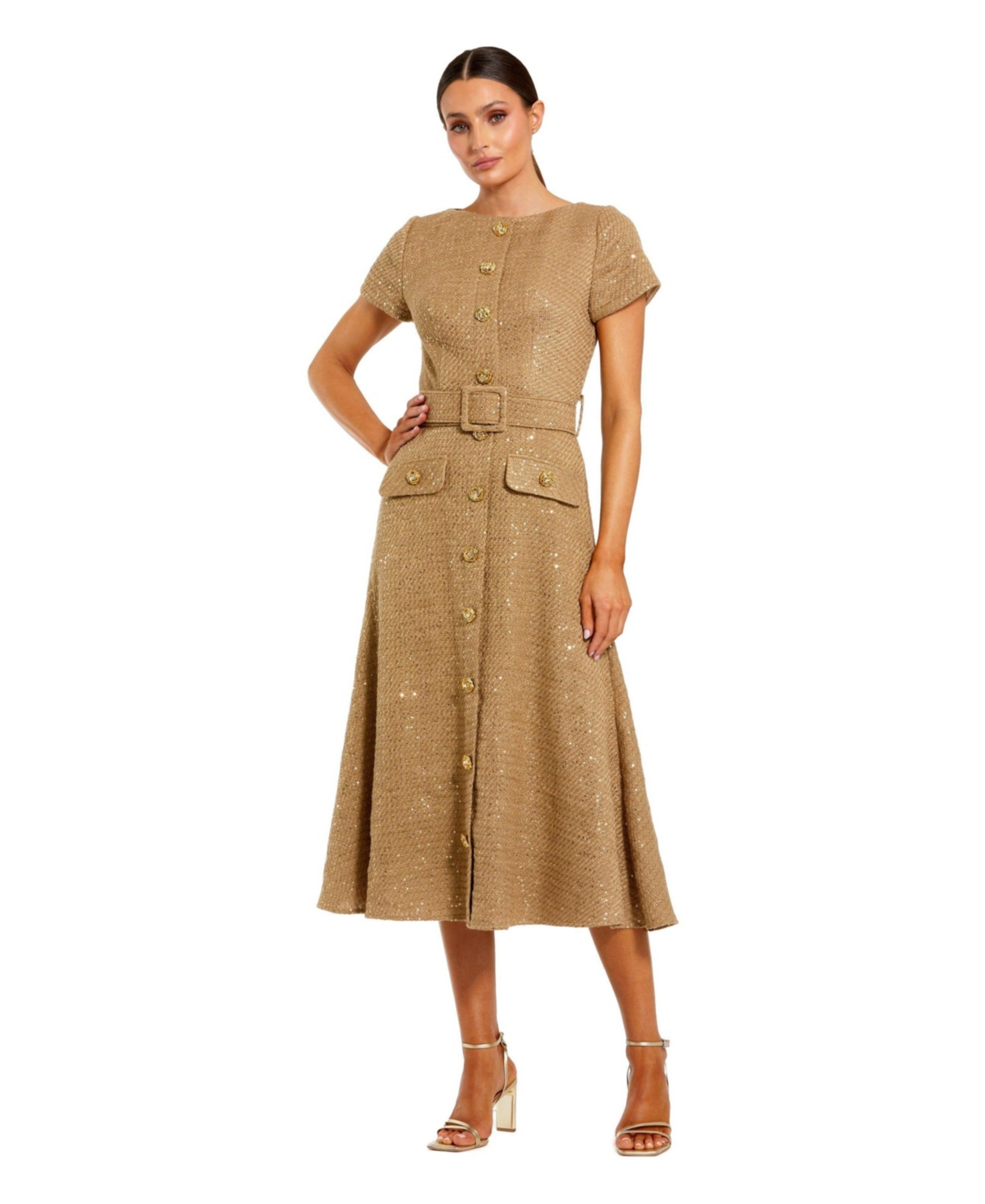 Mac Duggal Women’s Boucle Cap Sleeve High Neck Button Up Midi Dress – Toffee Mac Duggal Women’s Boucle Cap Sleeve High Neck Button Up Midi Dress – Toffee